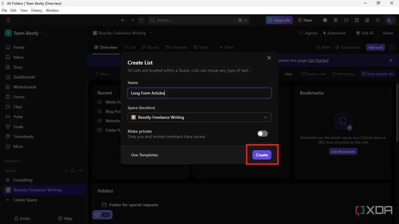 Nhập tên cho danh sách (List) và nhấn &quot;Create&quot; để hoàn tất việc tạo danh sách công việc trong ClickUp