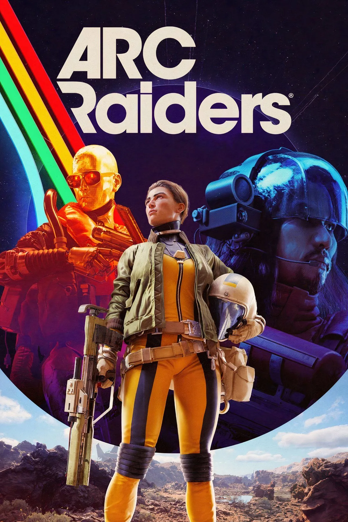 Nhóm lính đánh thuê trong ARC Raiders đối đầu với kẻ thù máy móc khổng lồ, bối cảnh khoa học viễn tưởng.
