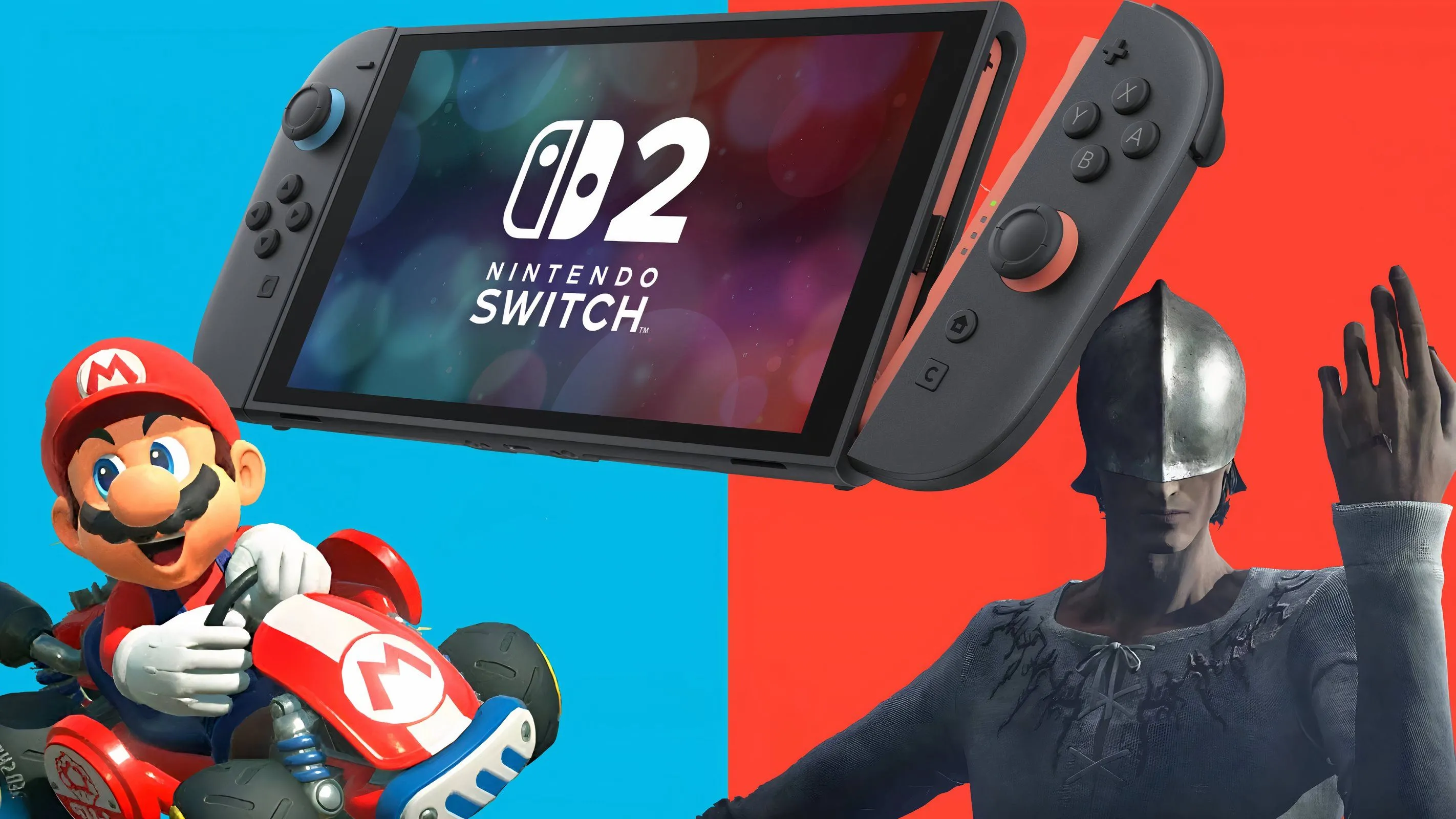Nintendo Switch 2 với nhân vật Mario và The Duskbloods, minh họa cho game độc quyền.