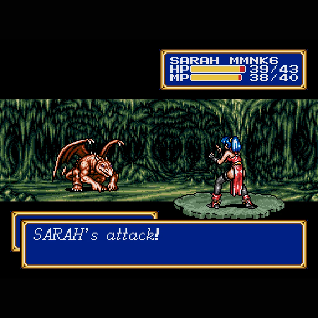 Nữ nhân vật Sarah từ Shining Force 2 đang tấn công kẻ địch trong một trận chiến chiến thuật