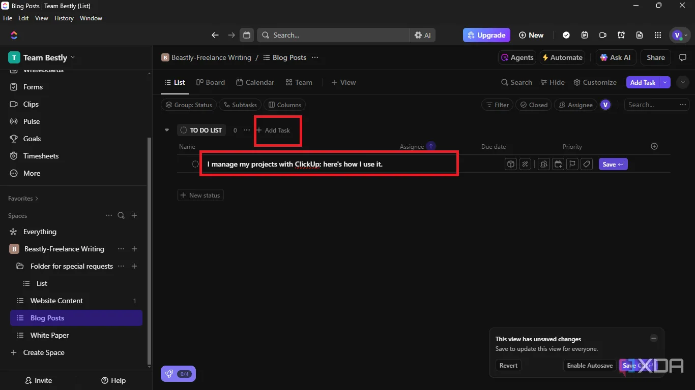 Nút &quot;Add Task&quot; trong ClickUp để thêm một công việc mới vào danh sách đã chọn