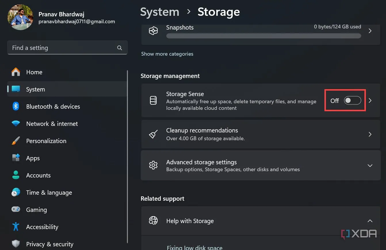 Nút bật/tắt tính năng Storage Sense trong cài đặt Lưu trữ của Windows