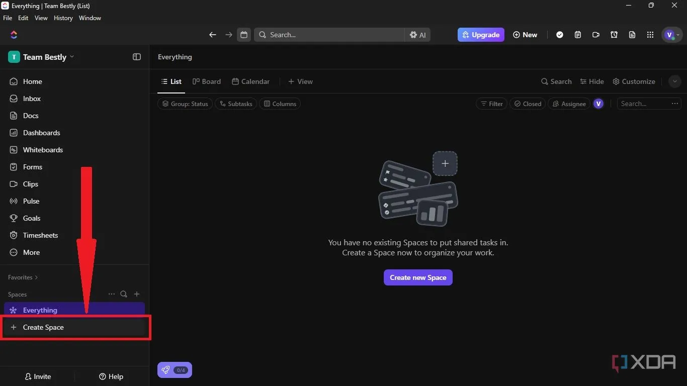 Nút &quot;Create Space&quot; trên thanh điều hướng bên trái của ClickUp để tạo không gian làm việc mới