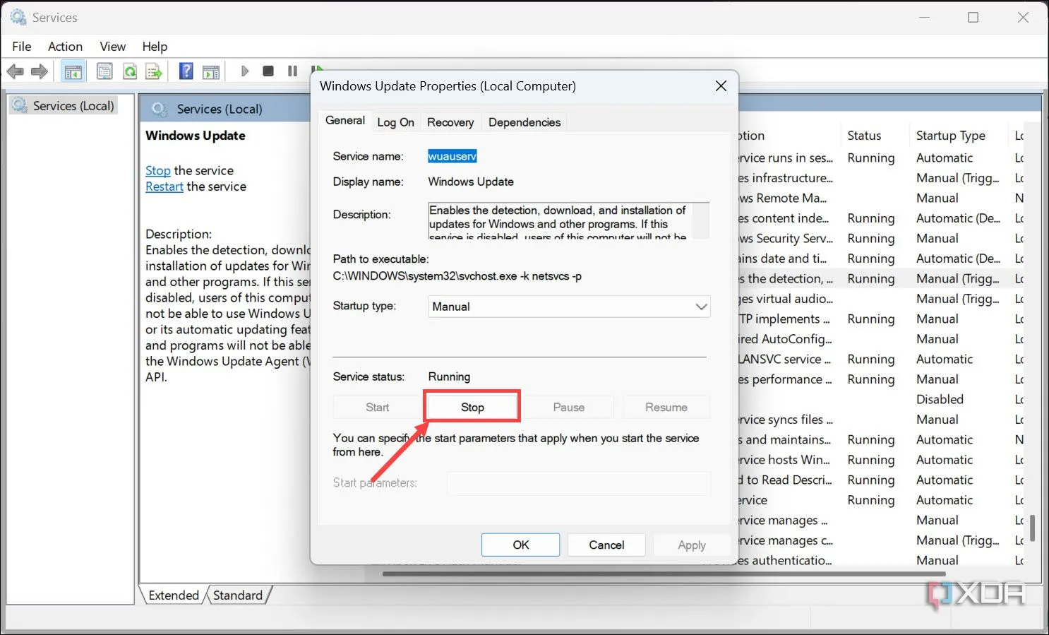 Nút Dừng (Stop) trong cửa sổ Thuộc tính của dịch vụ Windows Update