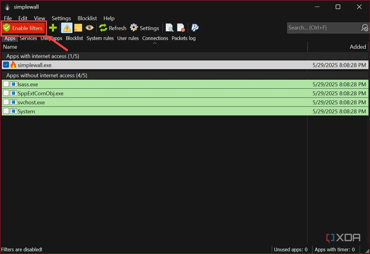 Nút Enable Filters trên giao diện simplewall