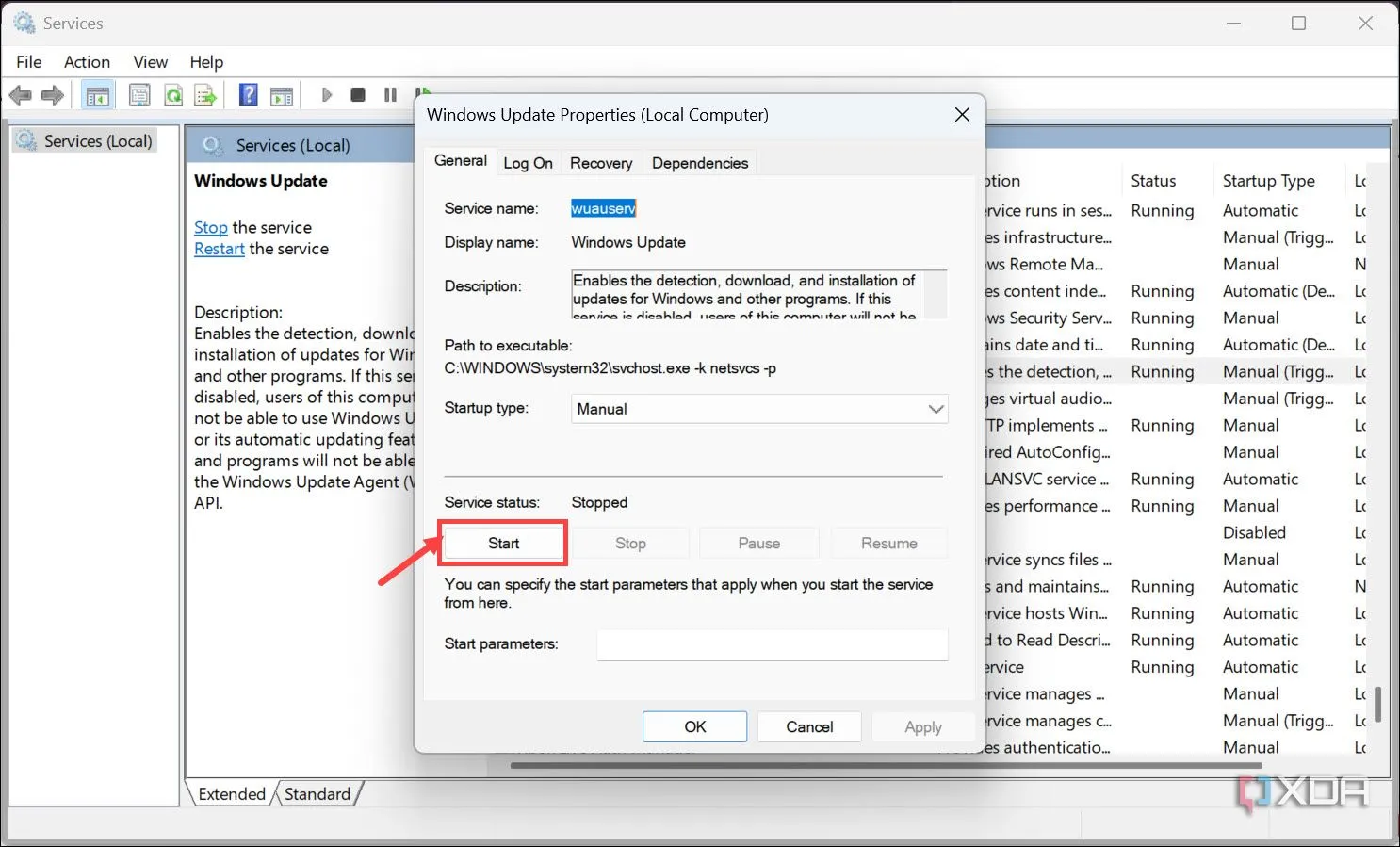 Nút Khởi động (Start) trong cửa sổ Thuộc tính của dịch vụ Windows Update