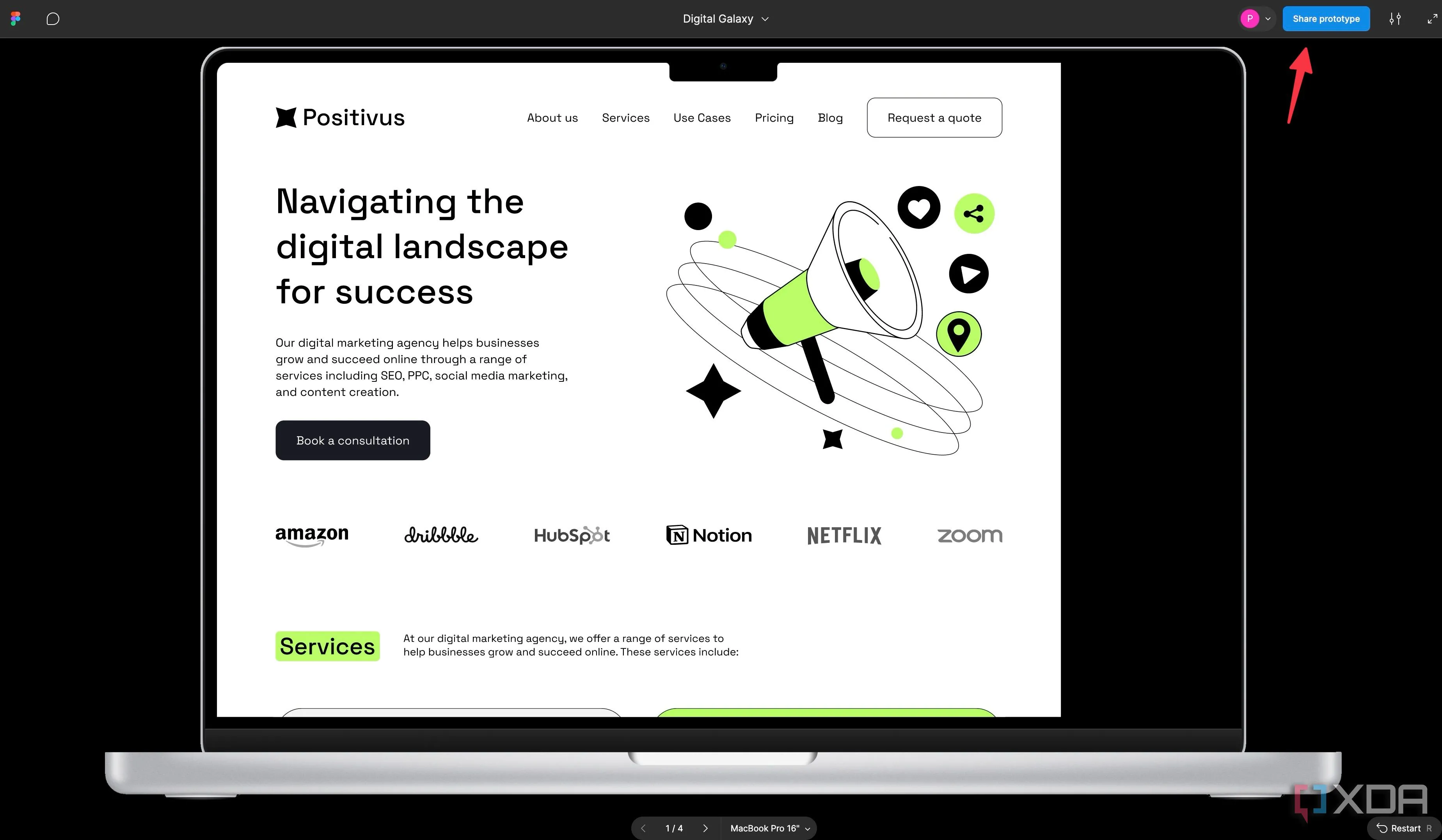Nút Share prototype trong Figma để chia sẻ bản thử nghiệm website với đồng nghiệp hoặc khách hàng