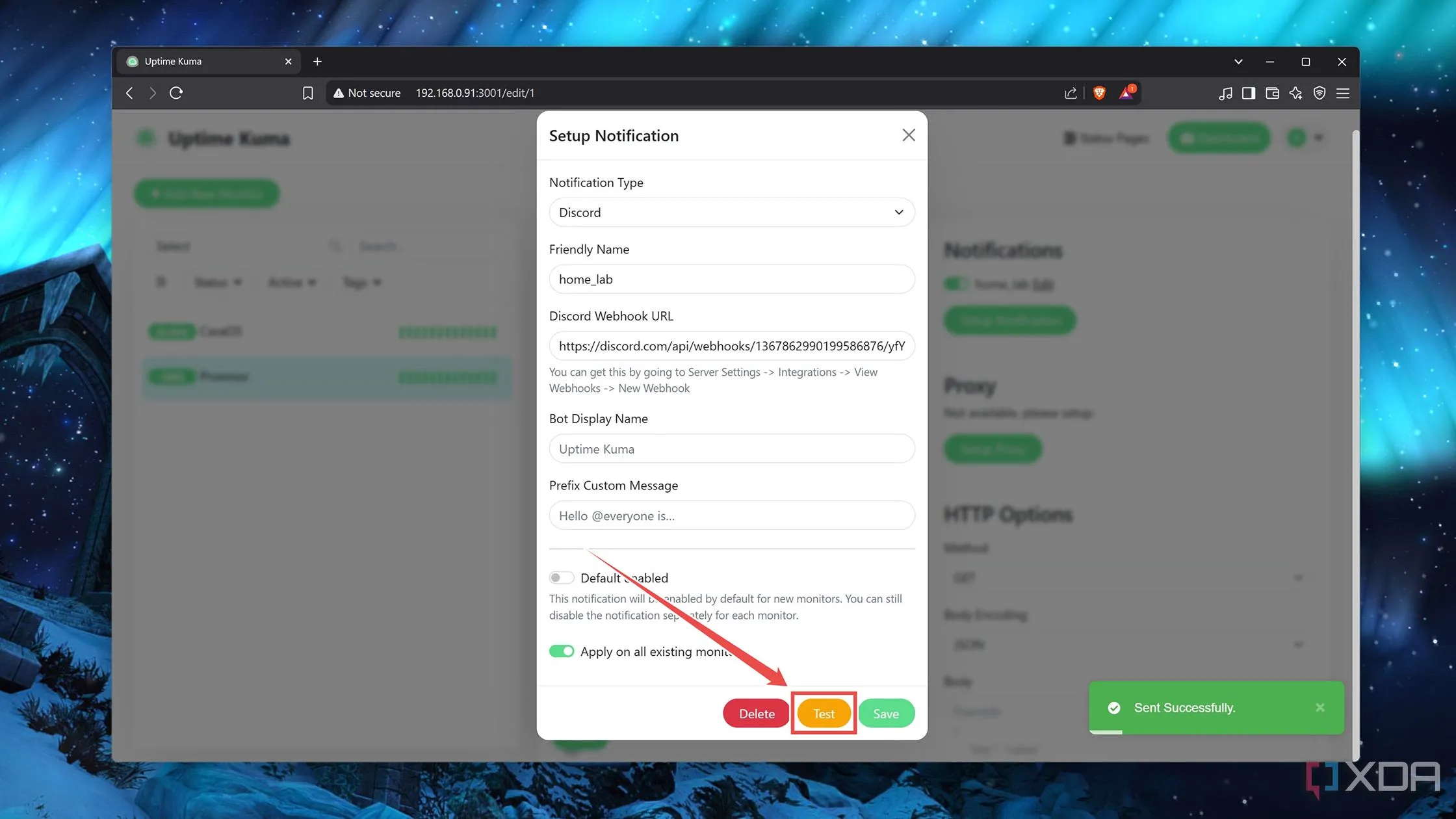Nút &quot;Test&quot; trong cài đặt Notification của Uptime Kuma, dùng để kiểm tra khả năng gửi cảnh báo
