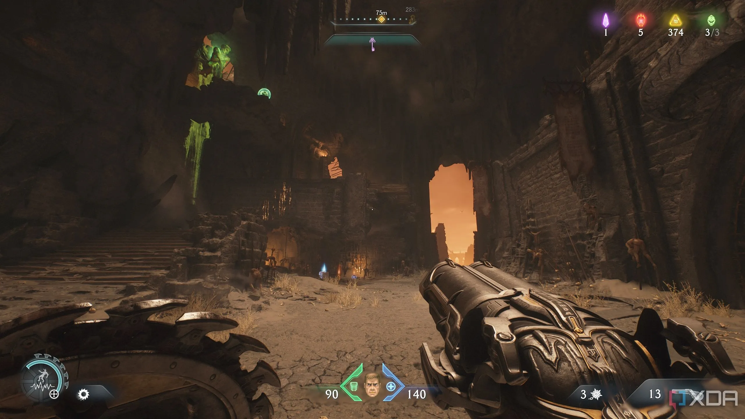 Nút thịt màu xanh kỳ dị trên trần nhà trong tựa game Doom The Dark Ages