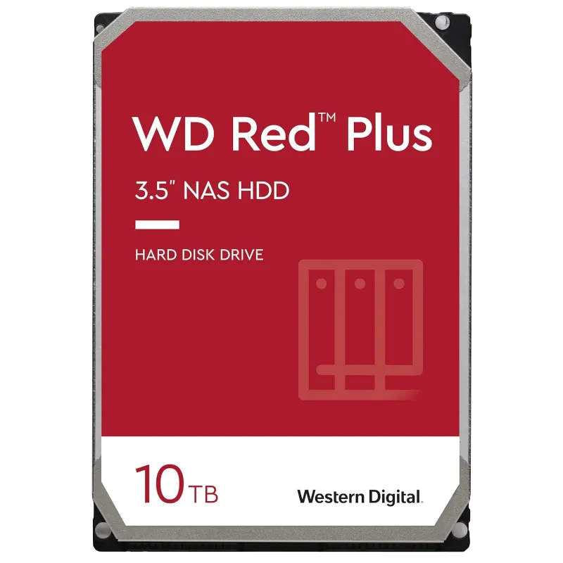 Ổ cứng WD Red Plus 10TB đặt trên bề mặt màu tối.