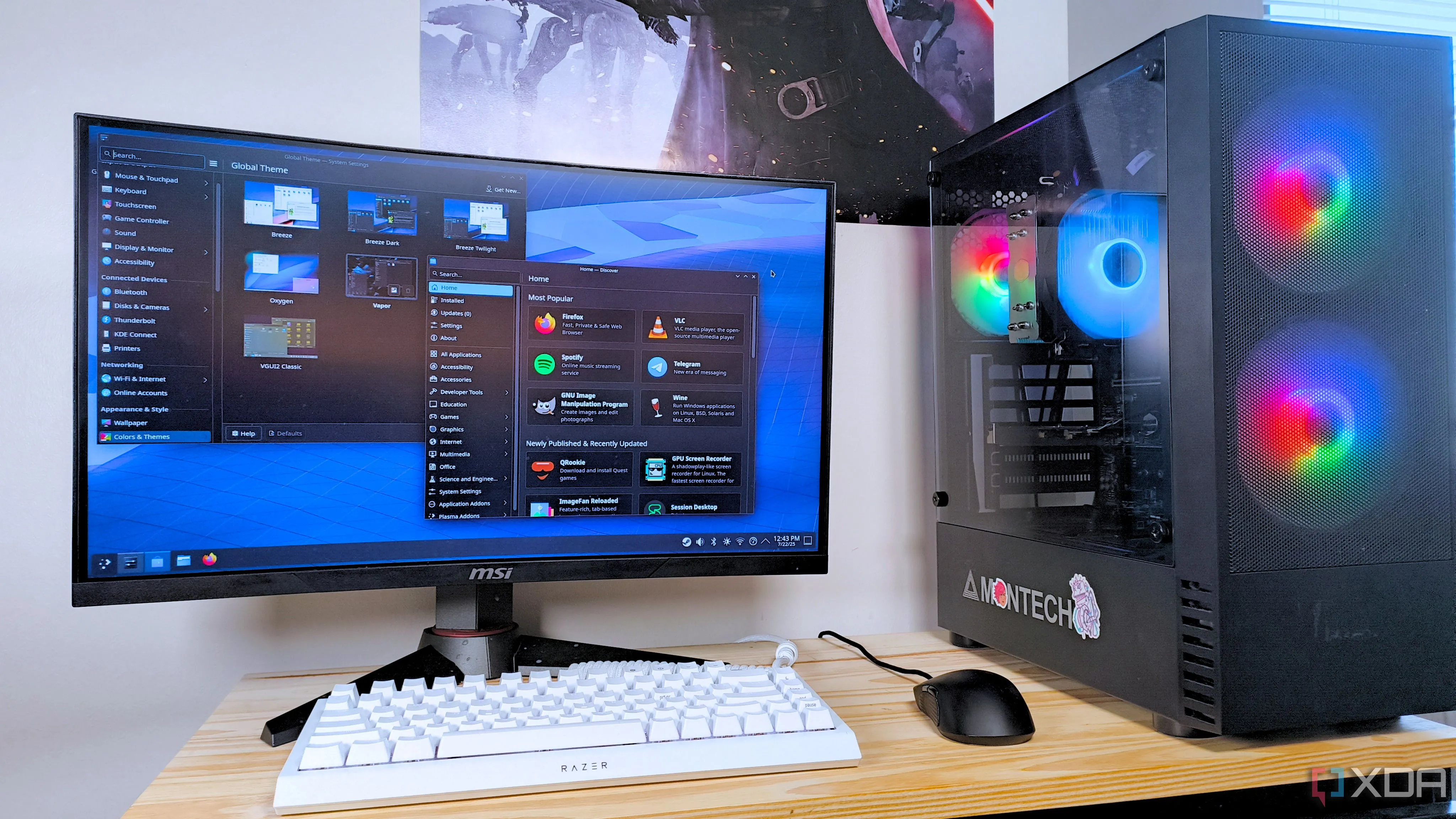 PC chơi game chạy SteamOS hiển thị ứng dụng Cài đặt và Discovery trong môi trường desktop KDE Plasma