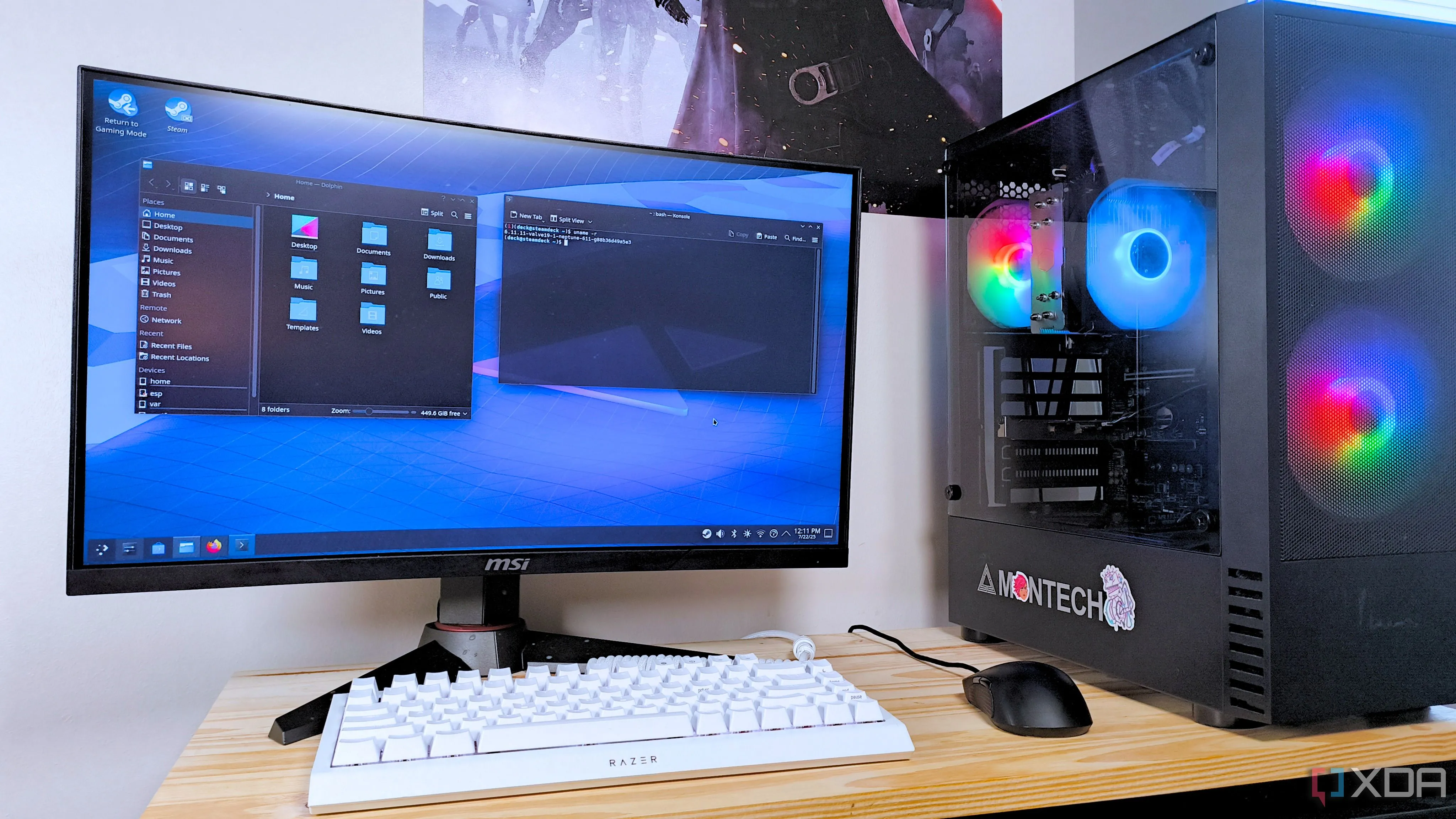 PC chơi game chạy SteamOS hiển thị ứng dụng Files và Terminal trong môi trường desktop KDE Plasma