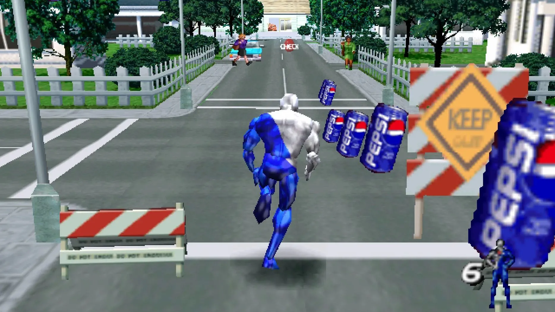 Pepsiman đang chạy trên đường phố, thu thập lon Pepsi trong game