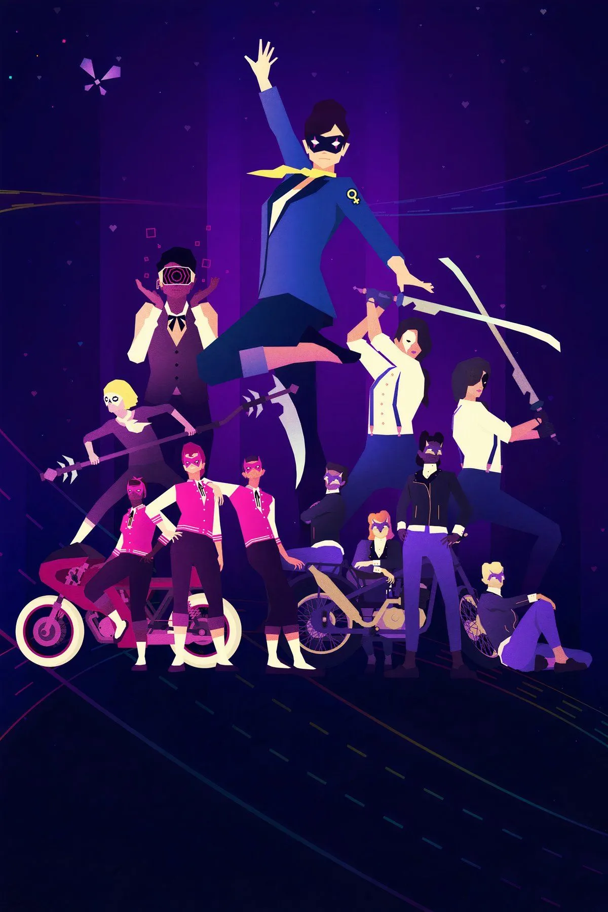 Phong cách đồ họa neon đầy màu sắc của Sayonara Wild Hearts, một game nhịp điệu sôi động.