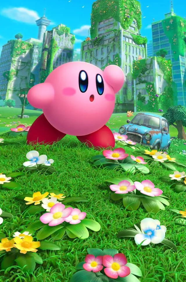 Poster của trò chơi Kirby and the Forgotten Land với Kirby và Bandana Waddle Dee