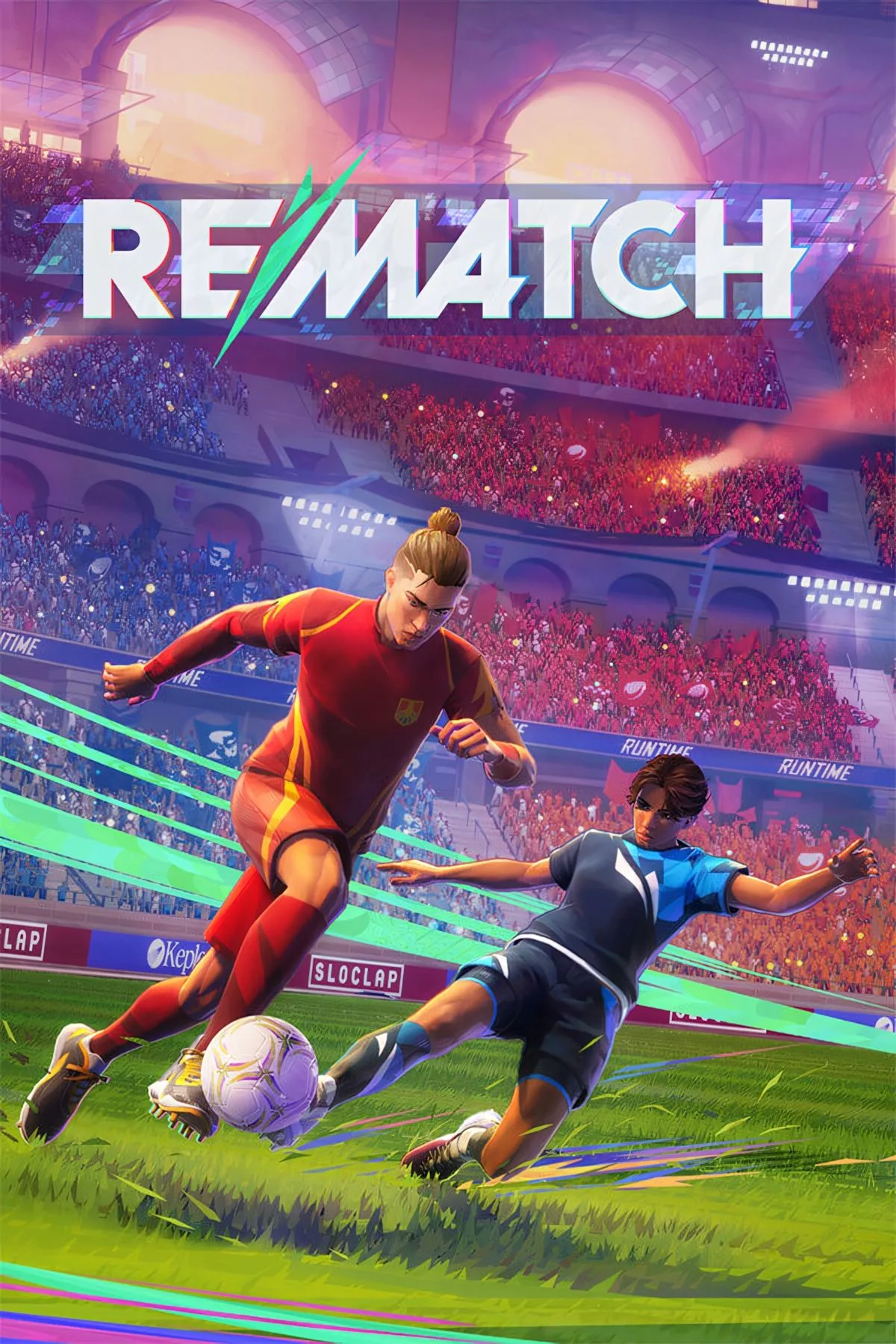 Poster game Rematch với các nhân vật và sân bóng đá phong cách arcade
