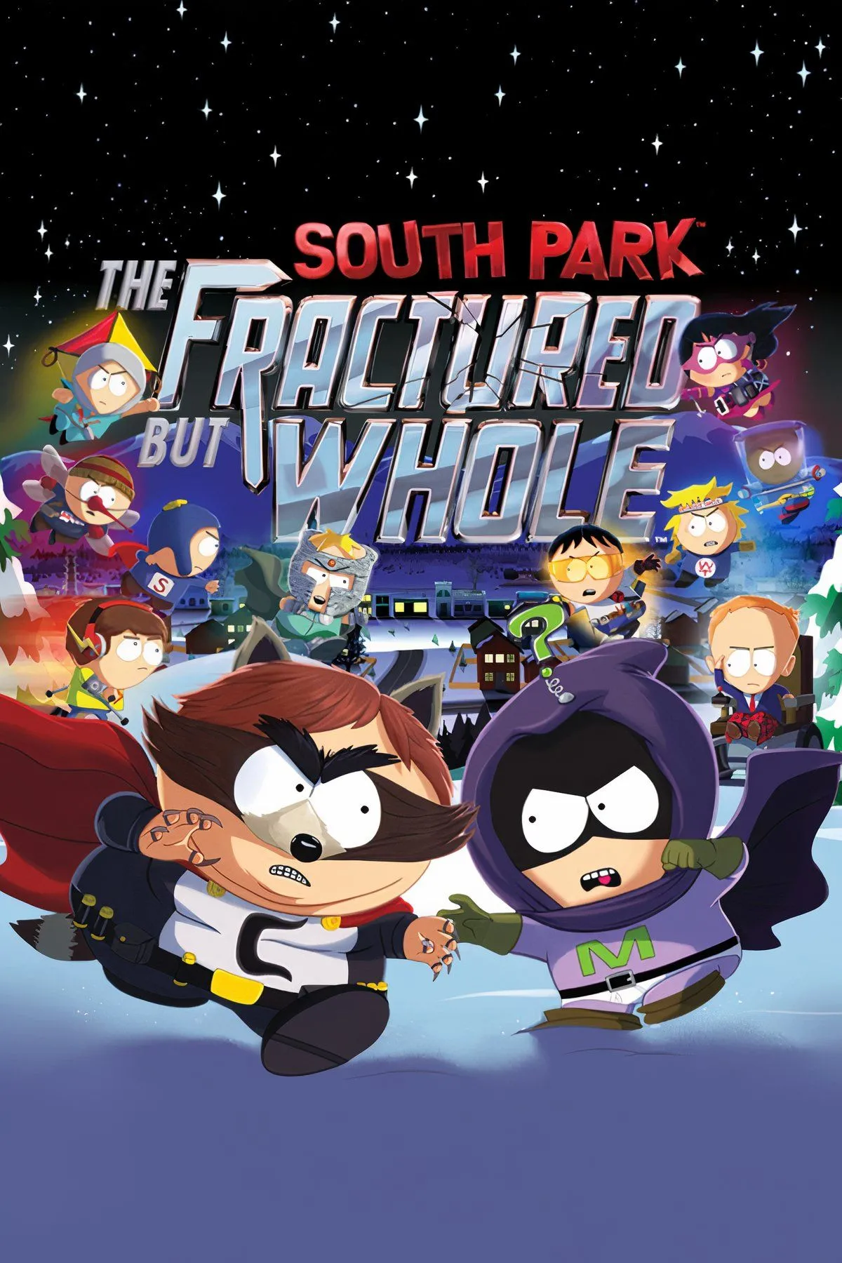 Poster game South Park: The Fractured but Whole với các nhân vật siêu anh hùng hài hước
