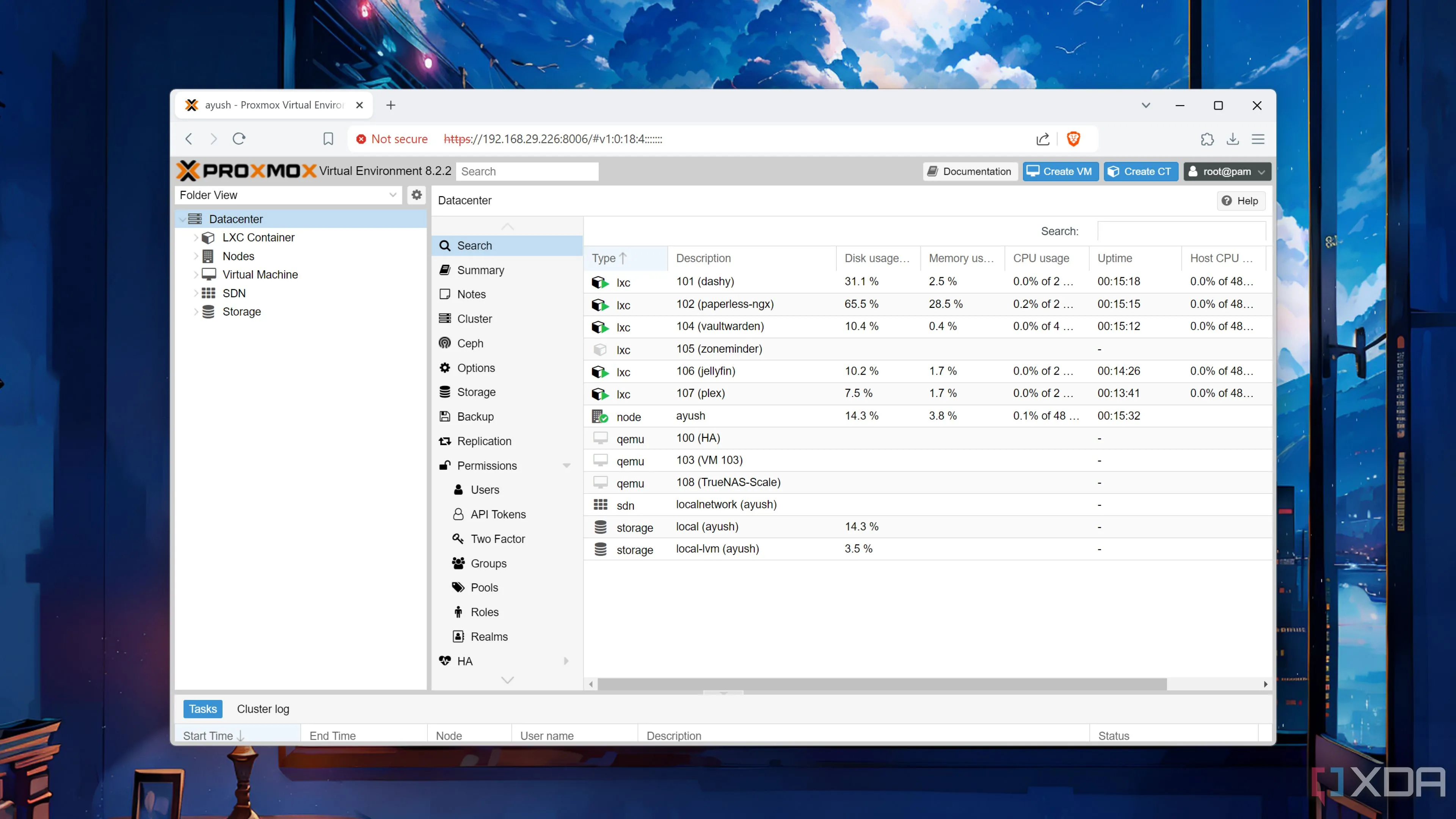 Proxmox UI với nhiều container và máy ảo đang hoạt động trong môi trường Home Lab