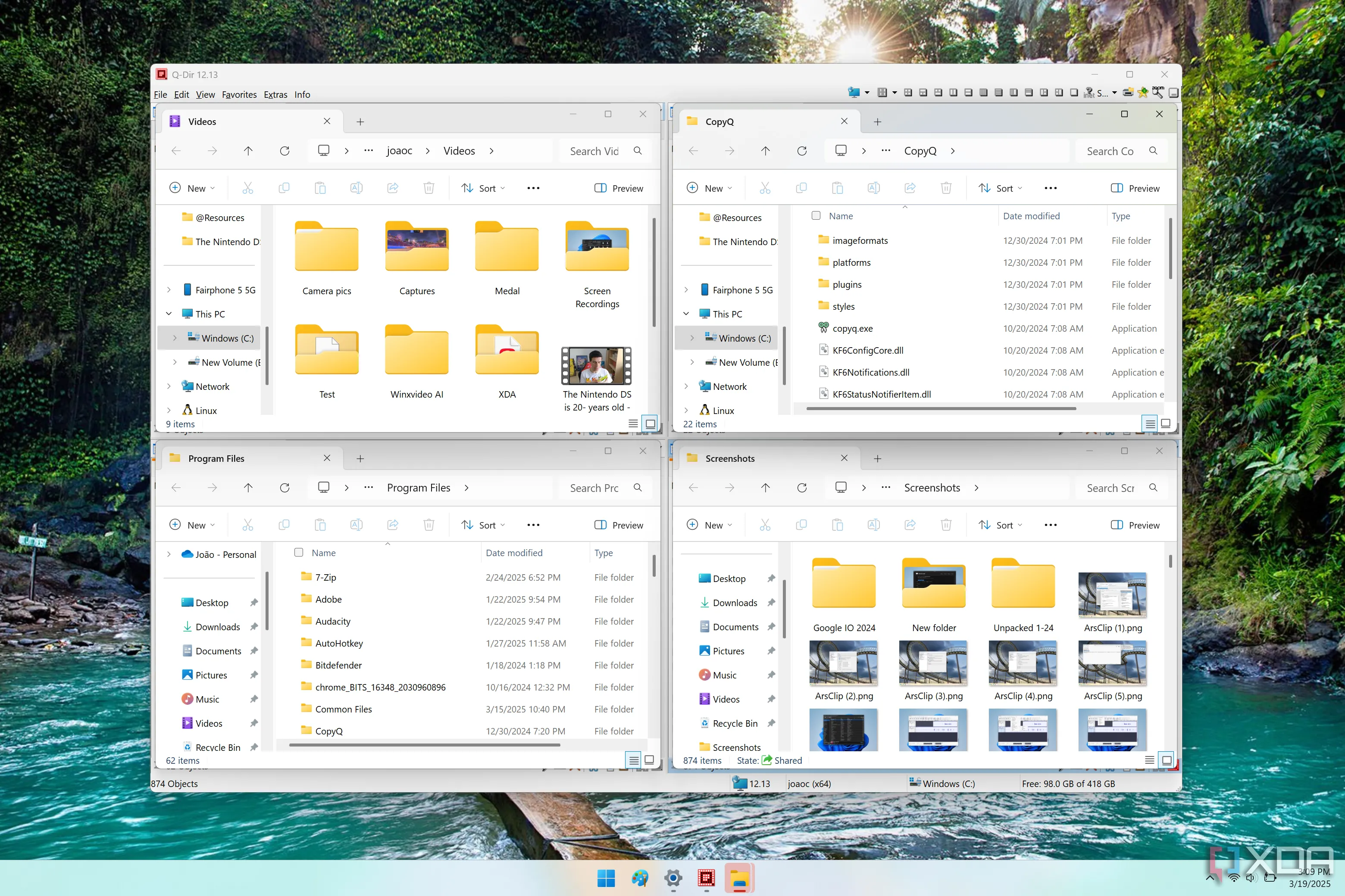 Q-Dir hiển thị bốn cửa sổ File Explorer khác nhau, minh họa khả năng đa nhiệm