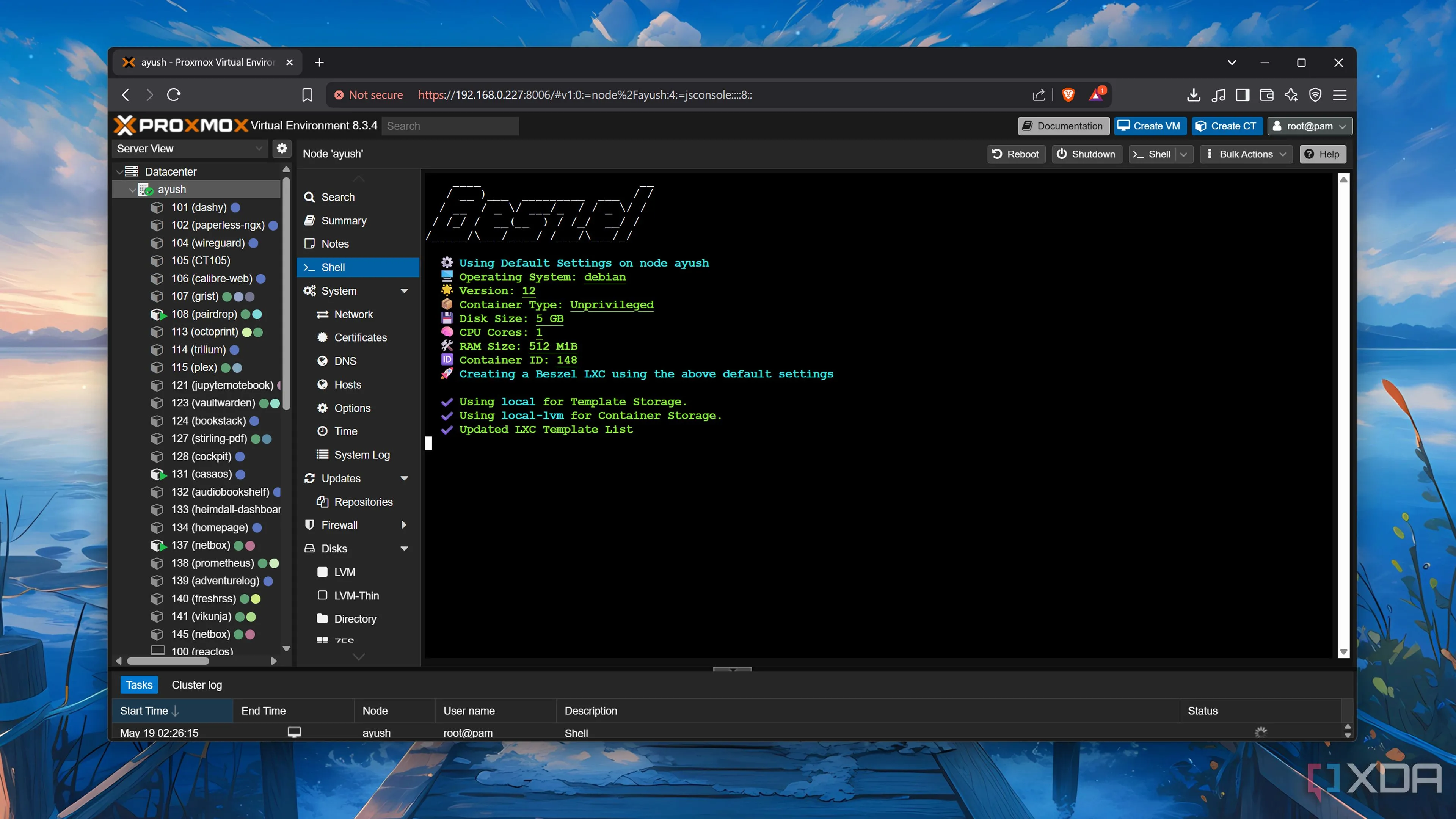 Quá trình cài đặt Beszel hub trên Proxmox VE bằng cách sử dụng script cộng đồng, hiển thị giao diện terminal và các tùy chọn cài đặt