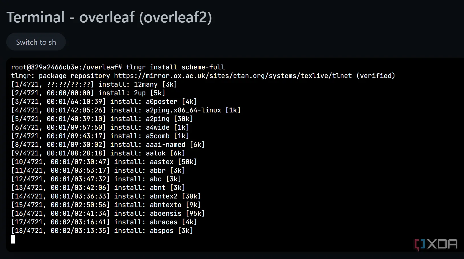 Quá trình cập nhật các gói LaTeX và template trong môi trường Overleaf tự host.