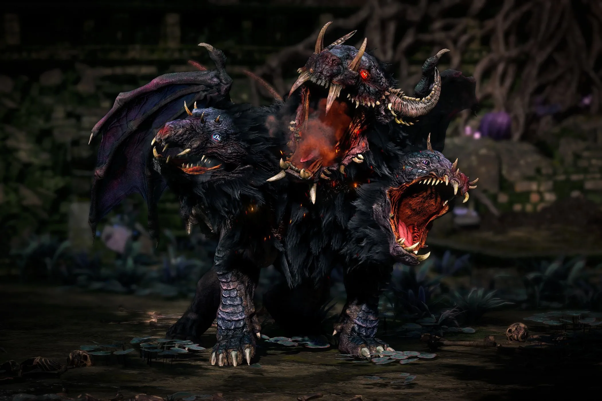 Quái vật chó ba đầu Cerberus trong Path of Exile 2 thể hiện đồ họa và thiết kế nhân vật ấn tượng