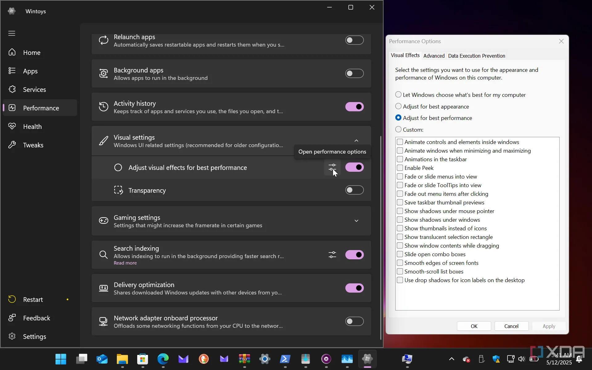Quản lý cài đặt hiệu ứng hình ảnh trong Wintoys trên Windows 11