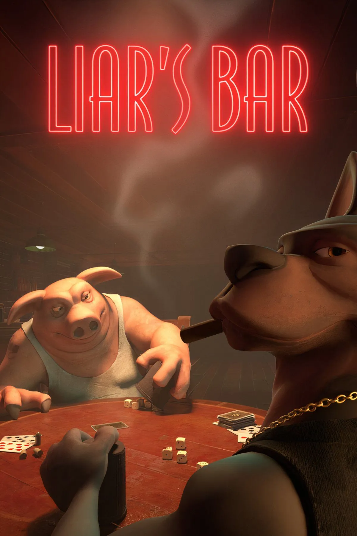 Quang cảnh quán bar trong game Liar's Bar với các nhân vật đang chơi bài, thể hiện yếu tố lừa dối và nghi ngờ giữa những người bạn.