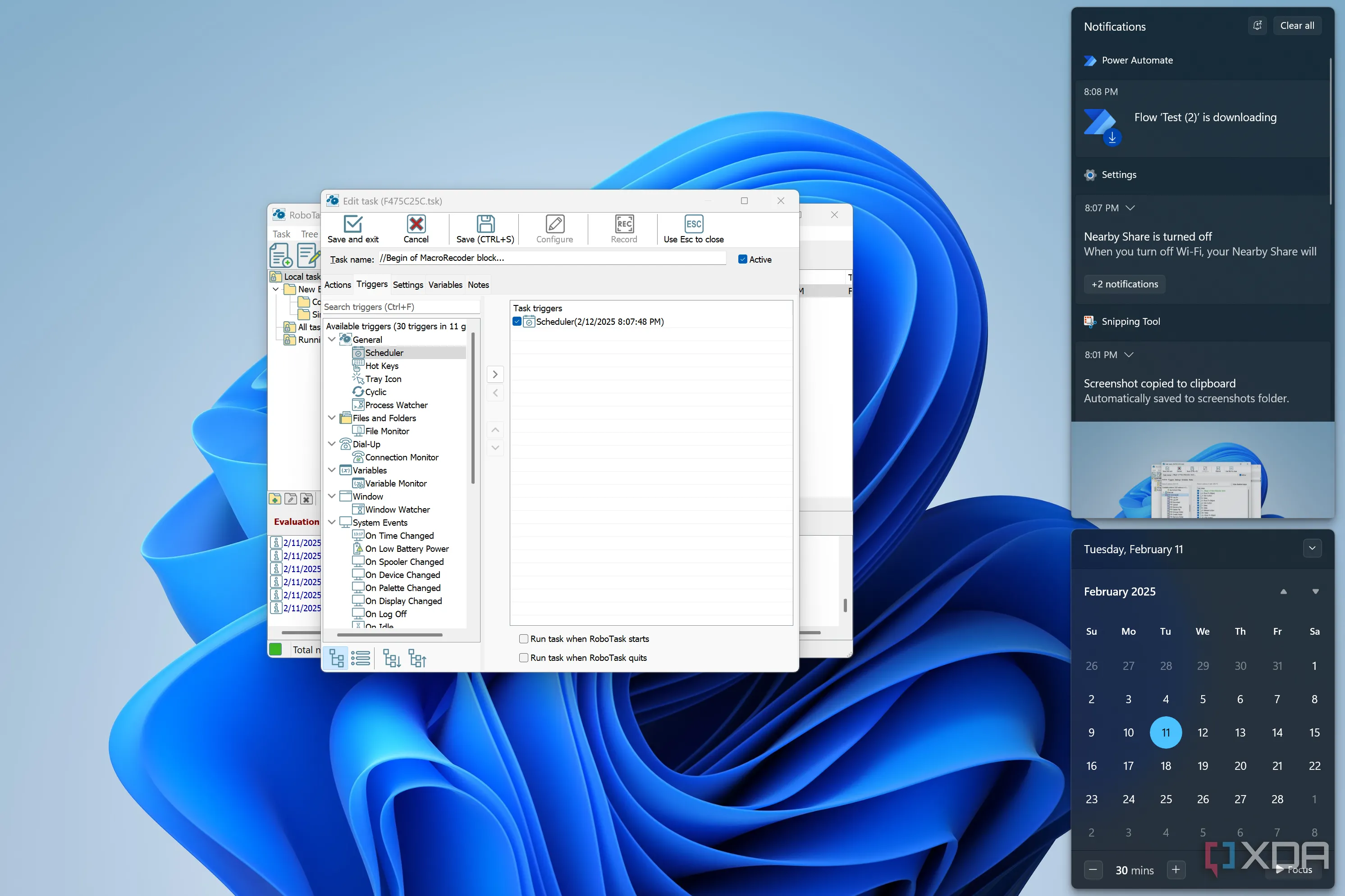 RoboTask hiển thị danh sách triggers và thông báo Power Automate đang tải flow trên Windows 11