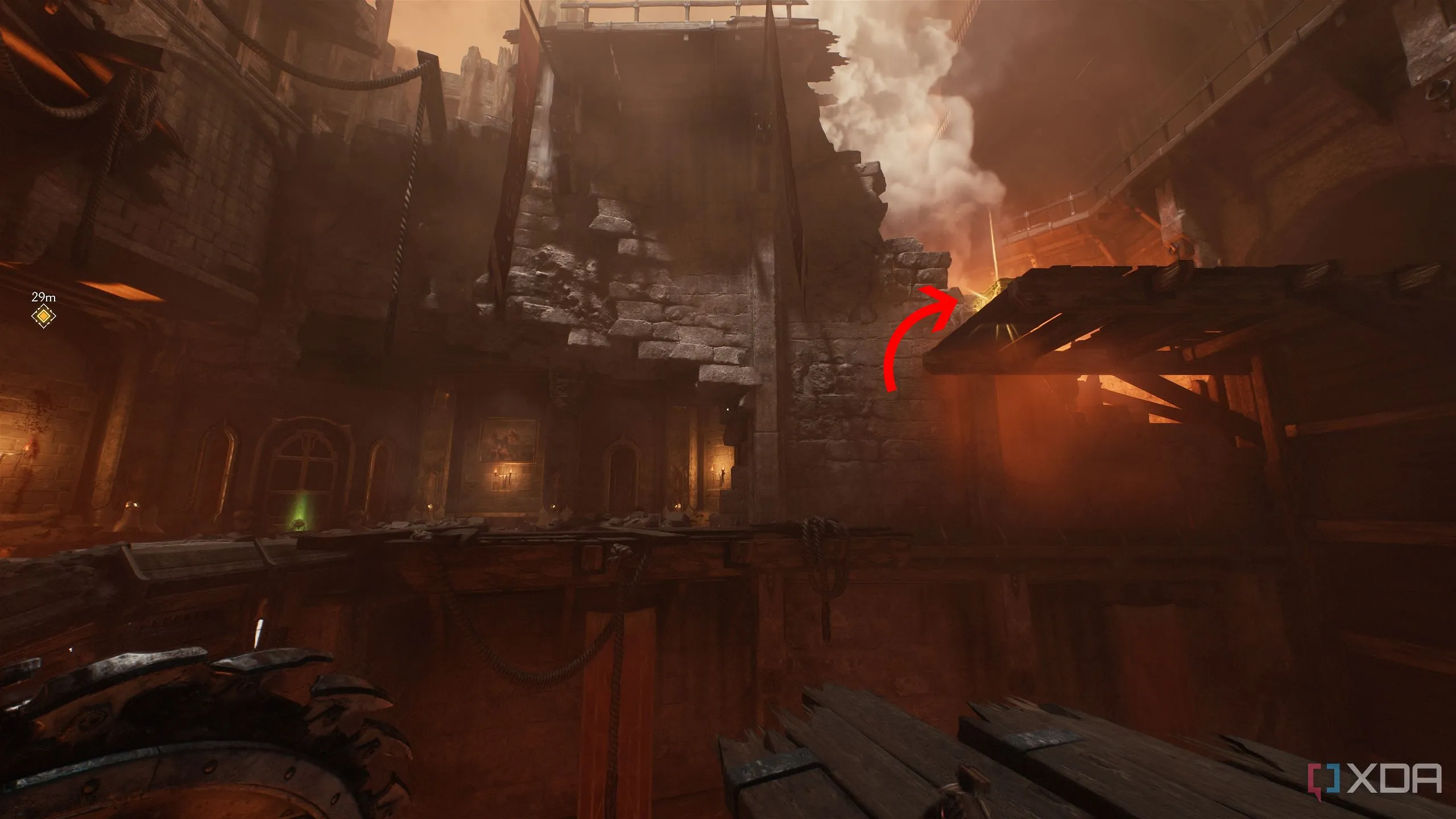 Rương vàng khó tìm trên bục gỗ cao trong Chapter 7 Doom The Dark Ages