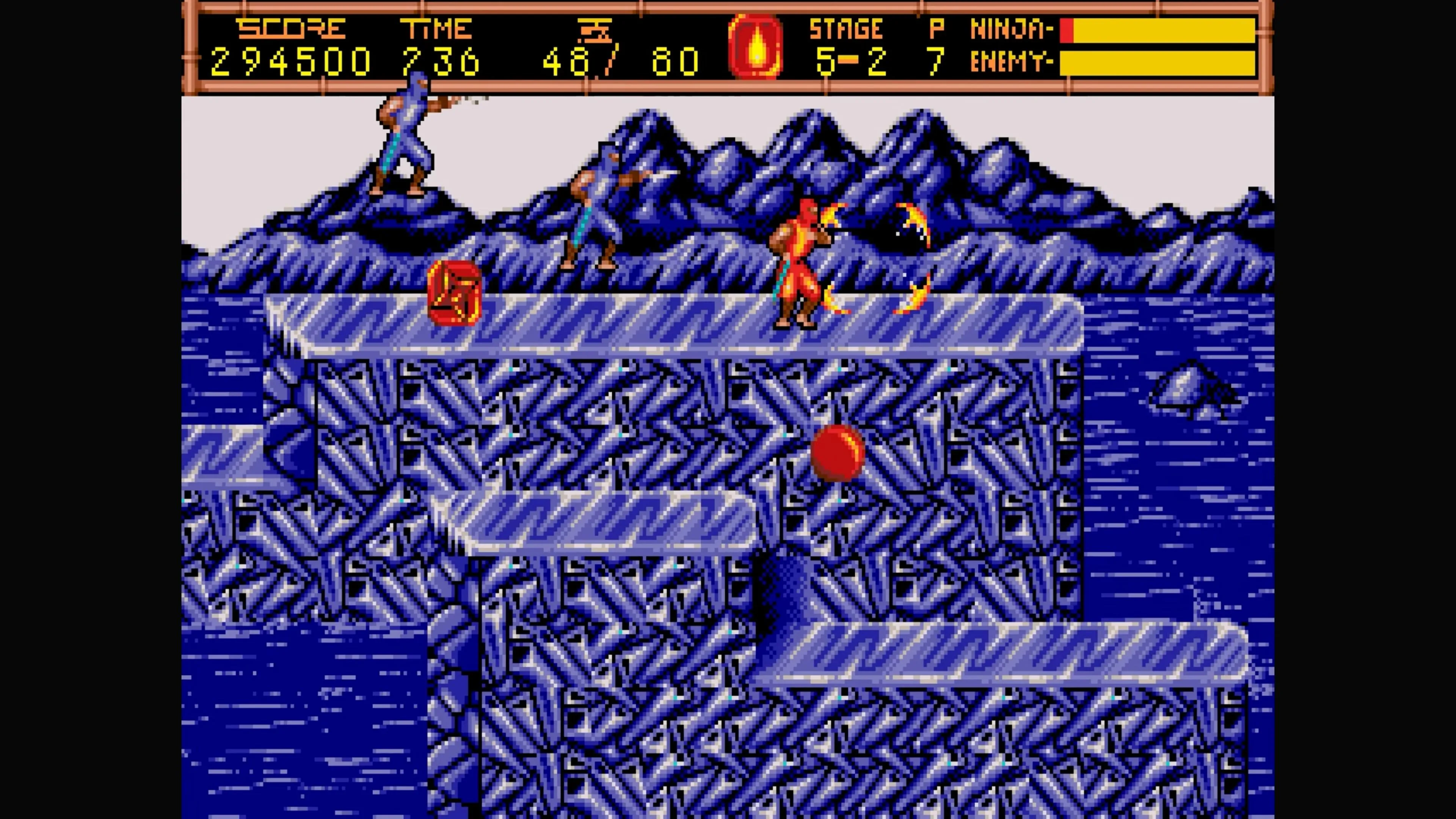 Ryu Hayabusa đang nhảy trên không trong màn chơi băng tuyết của Ninja Gaiden II