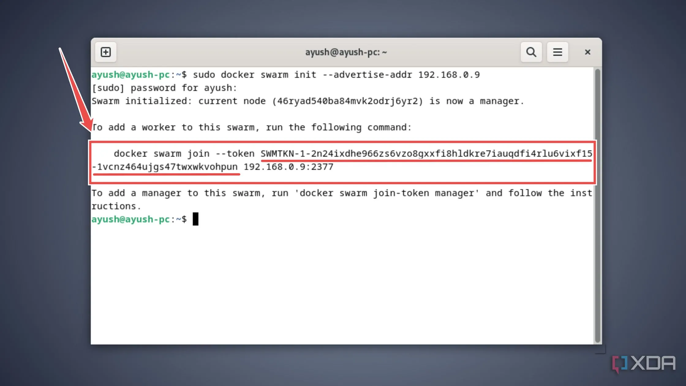 Sao chép chuỗi token dùng để thêm các node worker vào cụm Docker Swarm hiện có