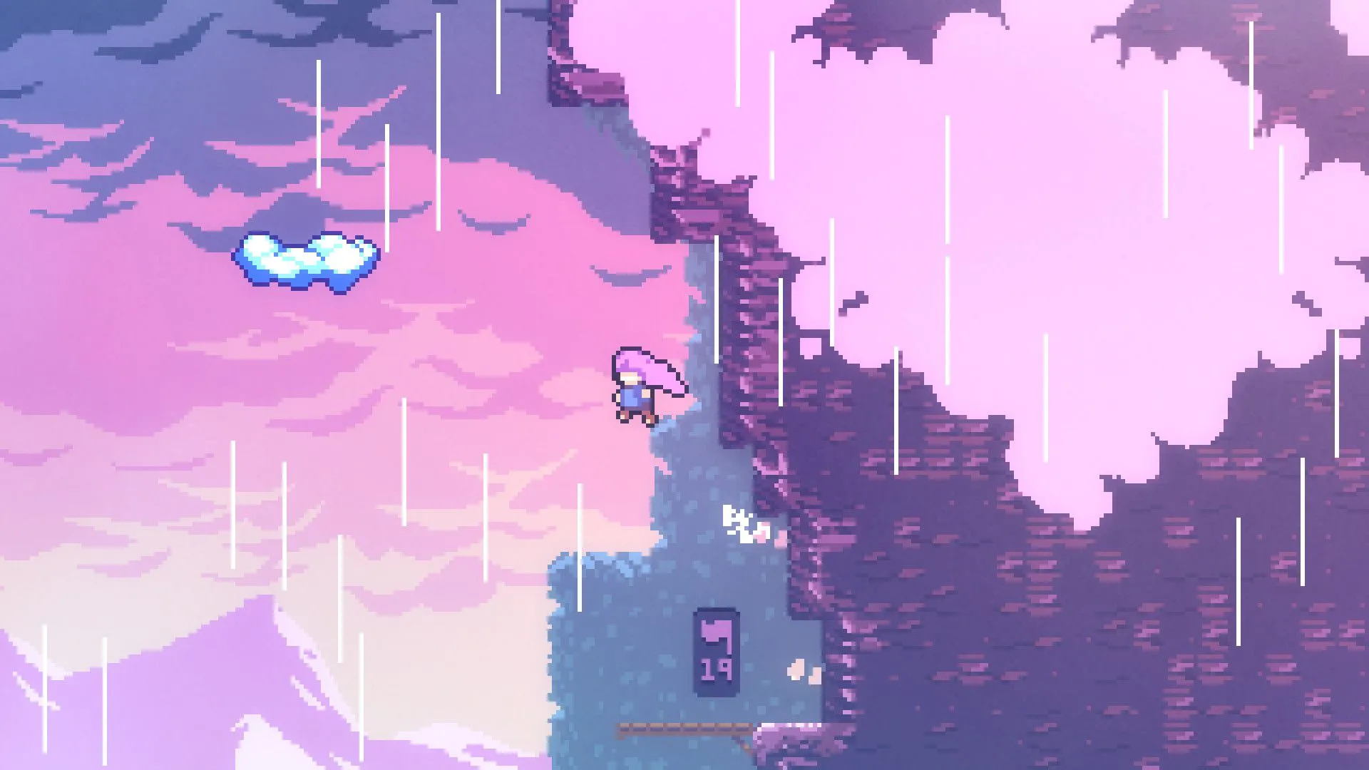 Screenshot game Celeste, Madeline đang nhảy về phía một đám mây trên sườn núi.