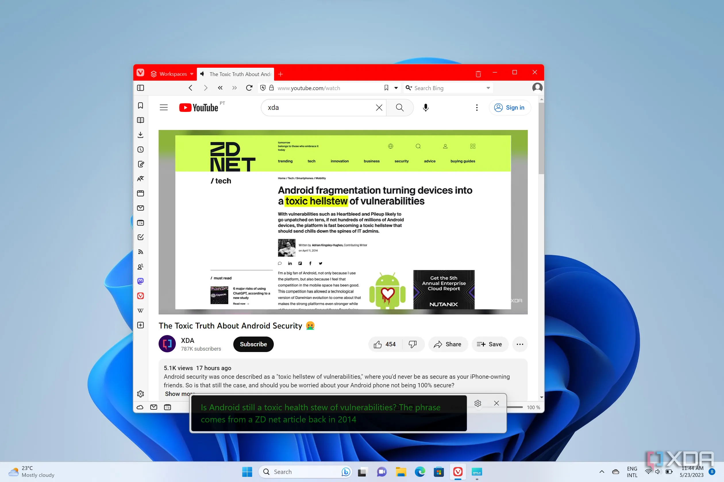 Screenshot of Windows 11 playing a YouTube video. Live captions are displayed in a floating panel