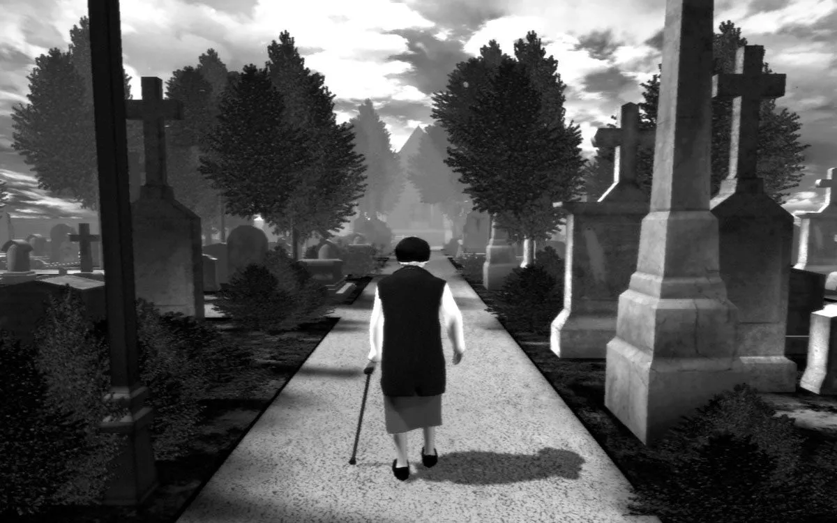 Screenshot từ The Graveyard, trò chơi Steam nghệ thuật với gameplay tối giản