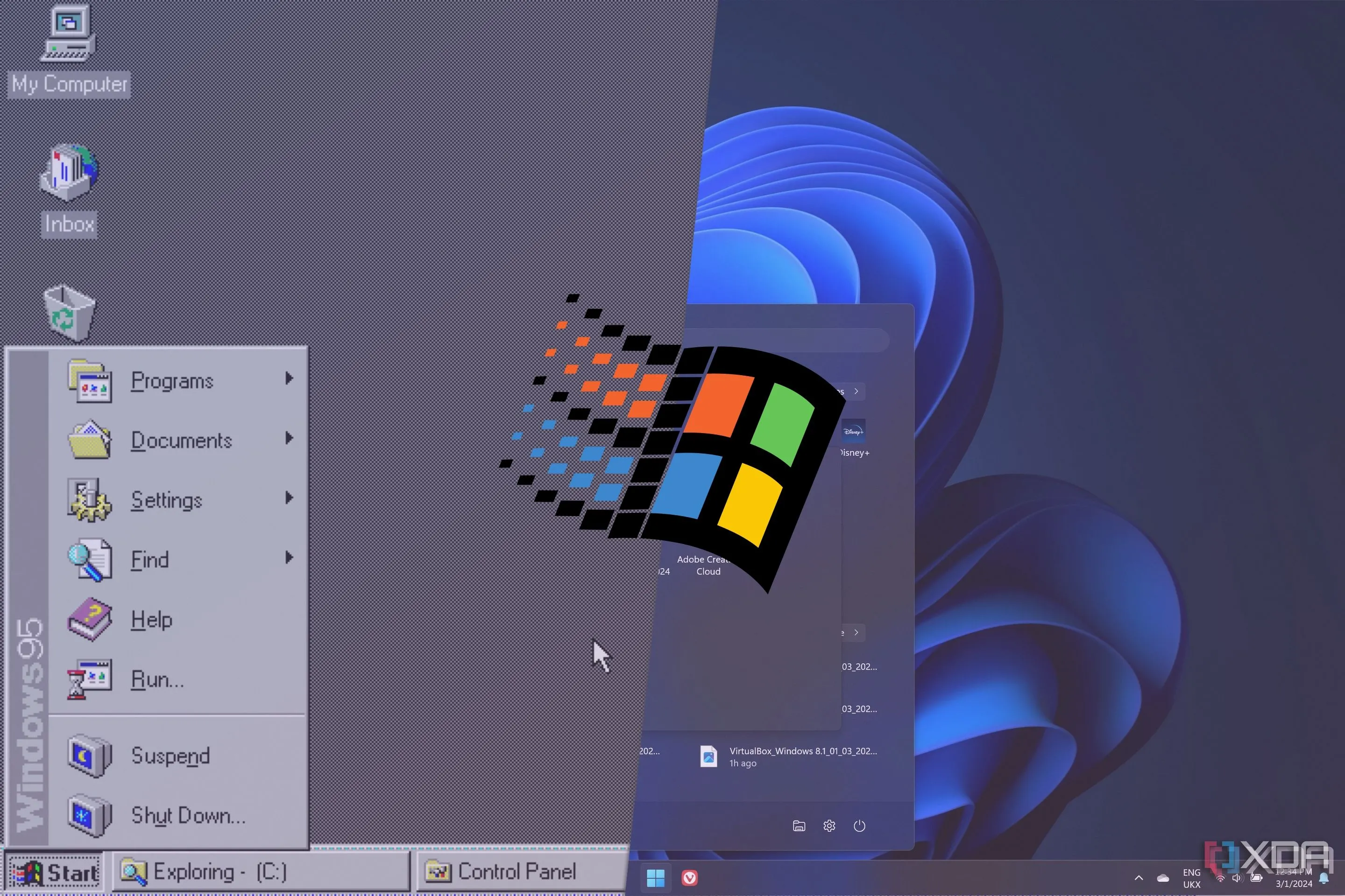 Screenshots of Windows 95 and Windows 11 side by side