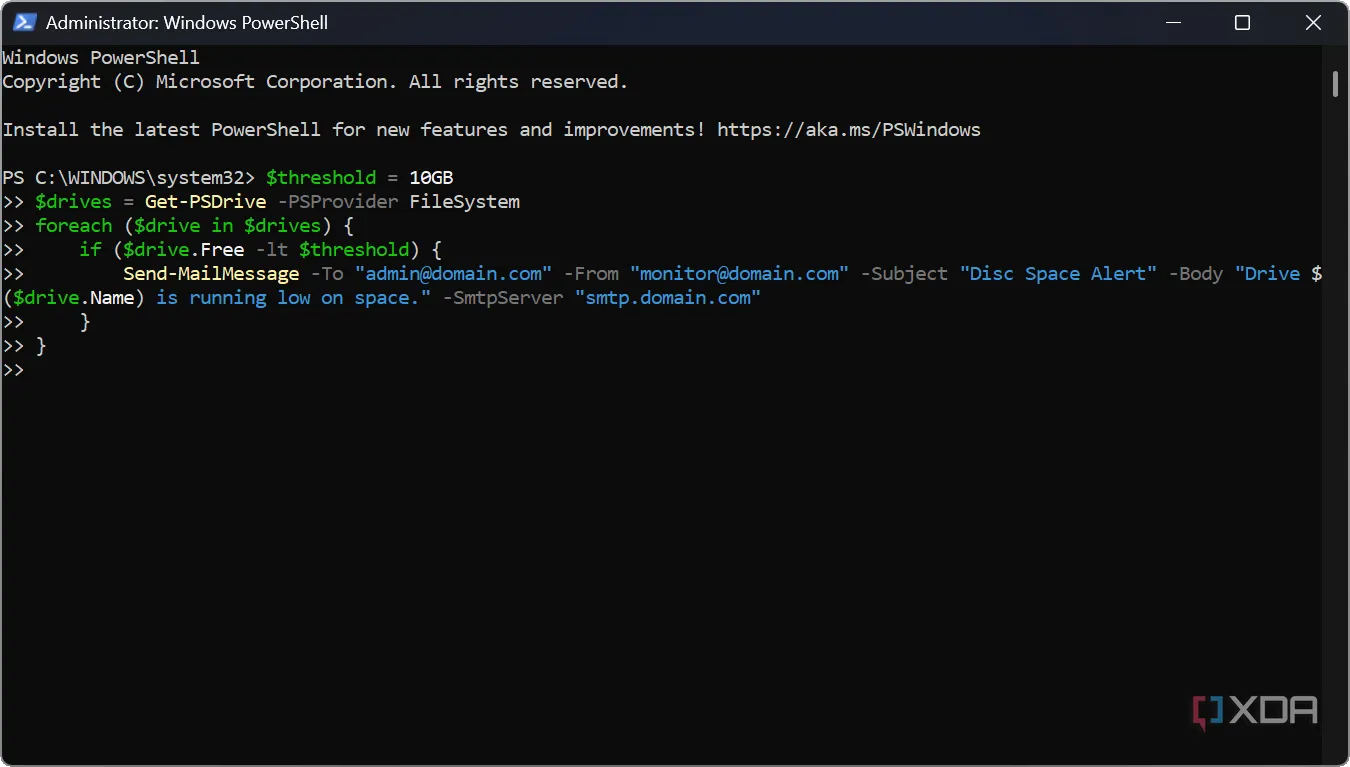 Script PowerShell theo dõi và cảnh báo dung lượng ổ đĩa thấp