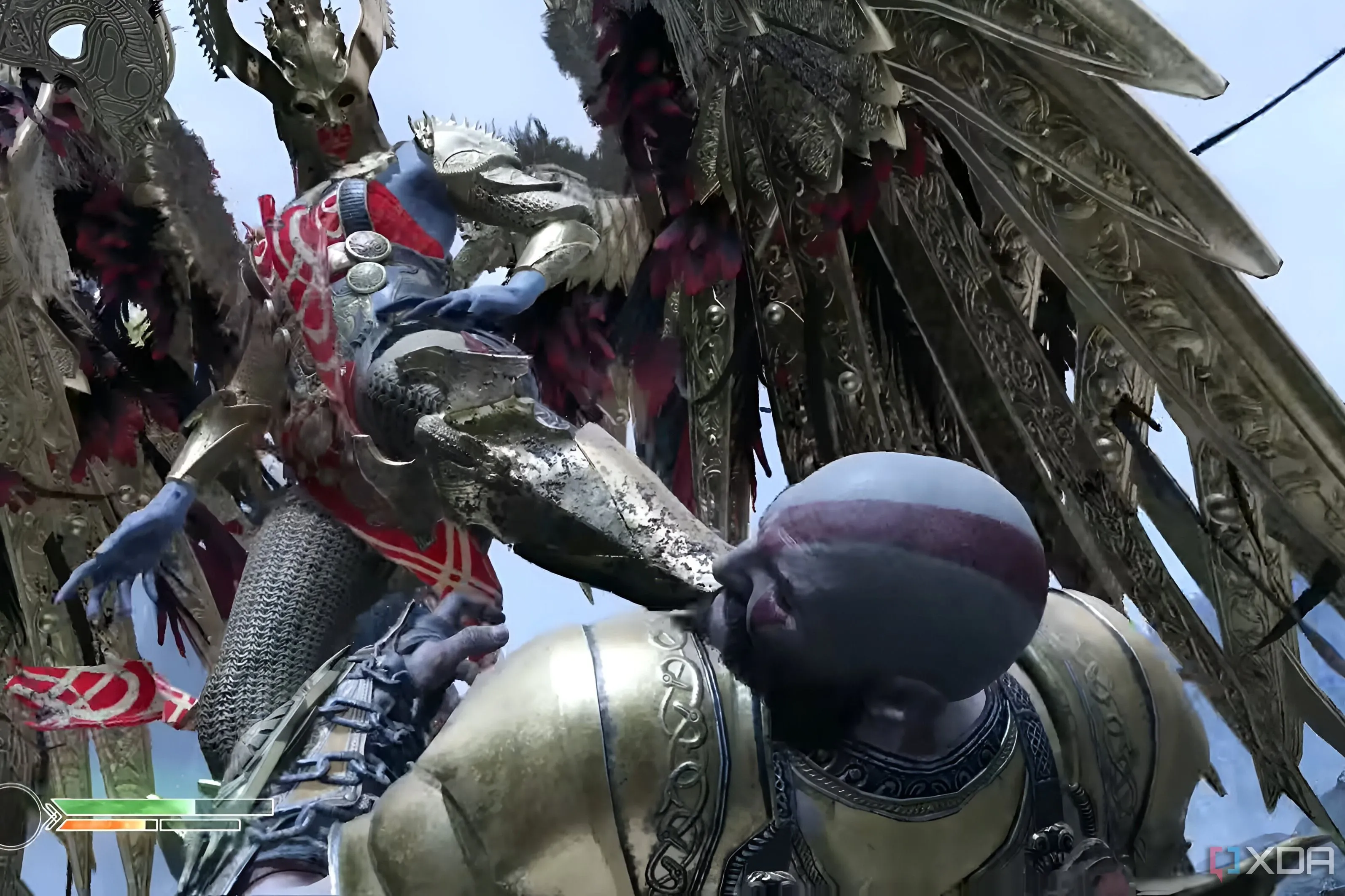 Sigrun, Nữ hoàng Valkyrie trong God of War (2018), đang đặt chân lên mặt Kratos