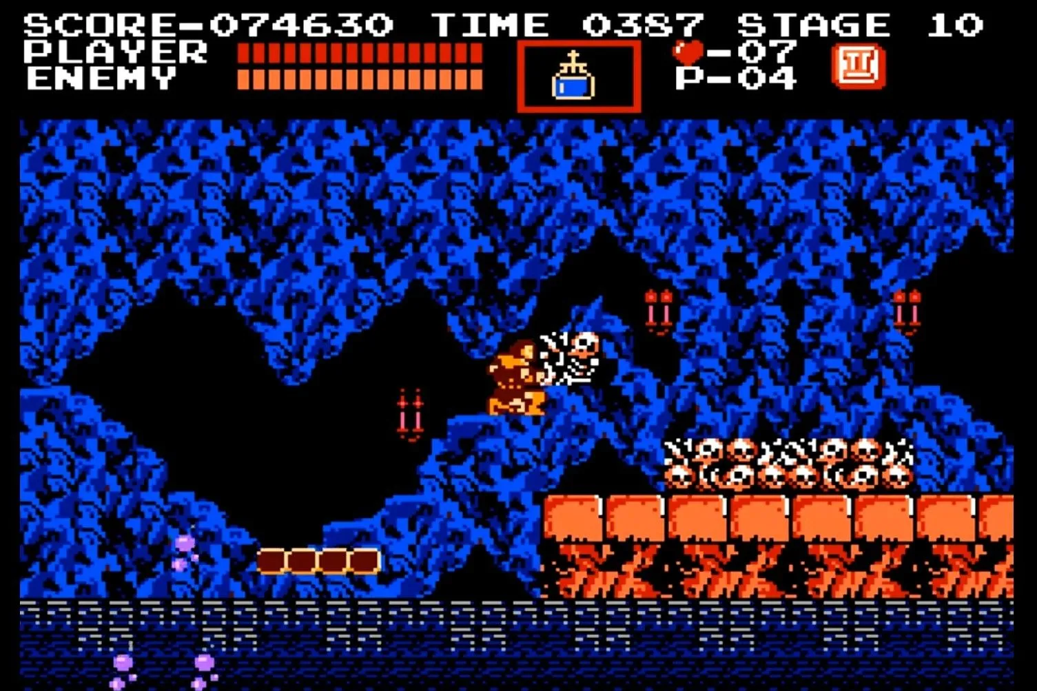 Simon Belmont chiến đấu trong màn chơi của Castlevania phiên bản NES, một game platformer nổi tiếng với độ khó cao