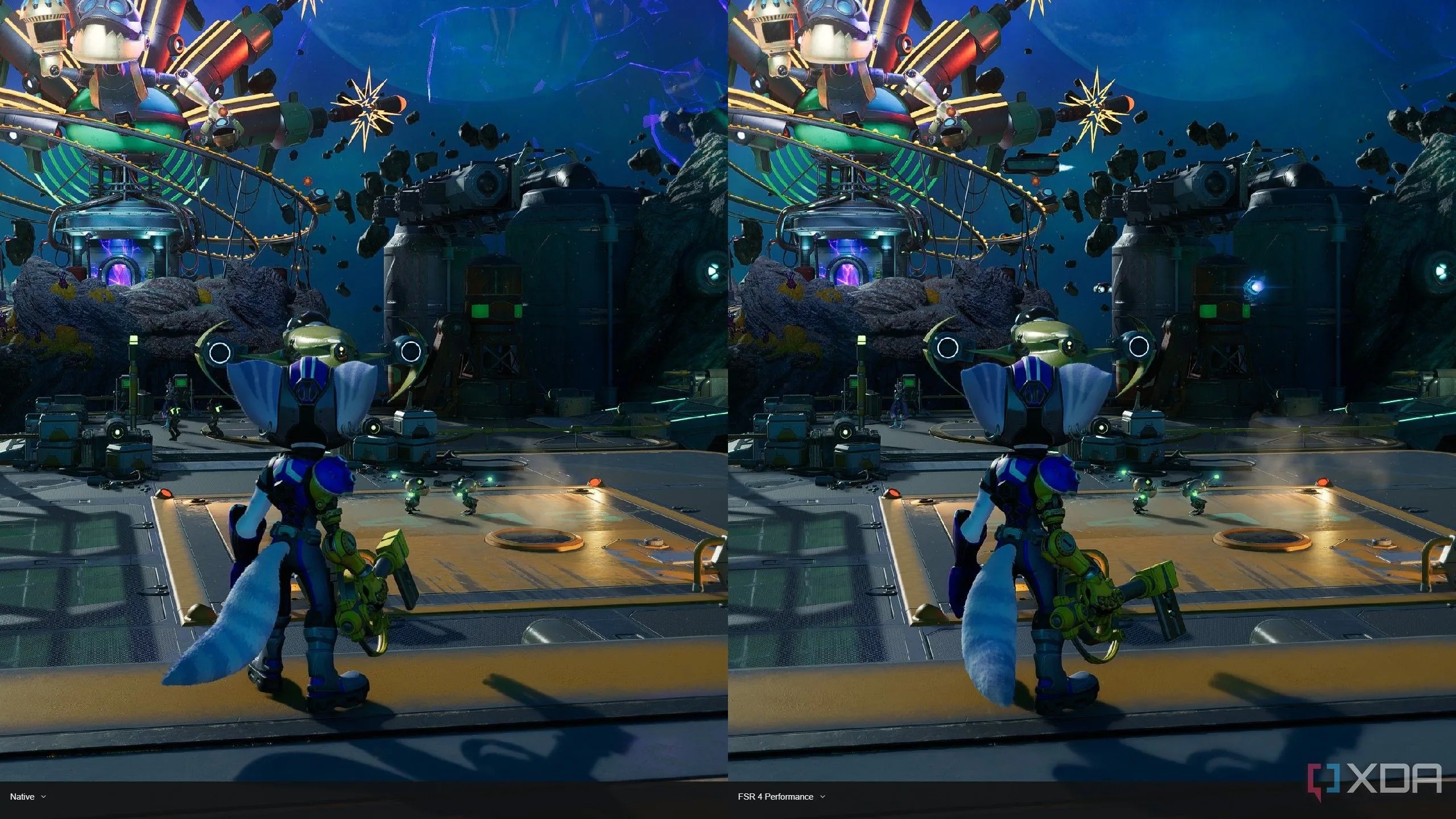 So sánh chất lượng hình ảnh game Ratchet and Clank: Rift Apart giữa native 4K (trái) và FSR 4 Performance (phải)