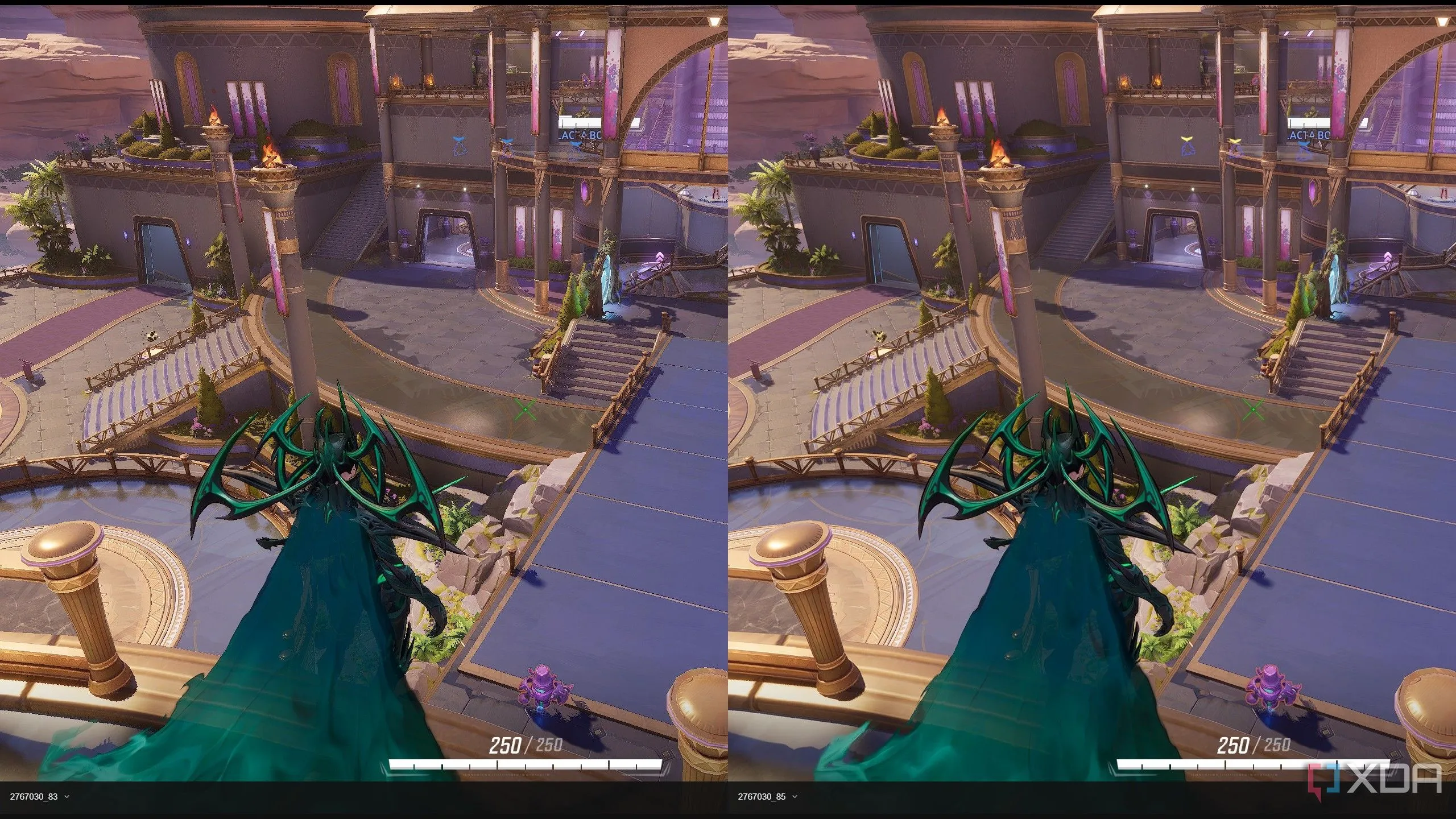 So sánh chất lượng hình ảnh trong game Marvel Rivals giữa native resolution và DLSS 4 Performance.