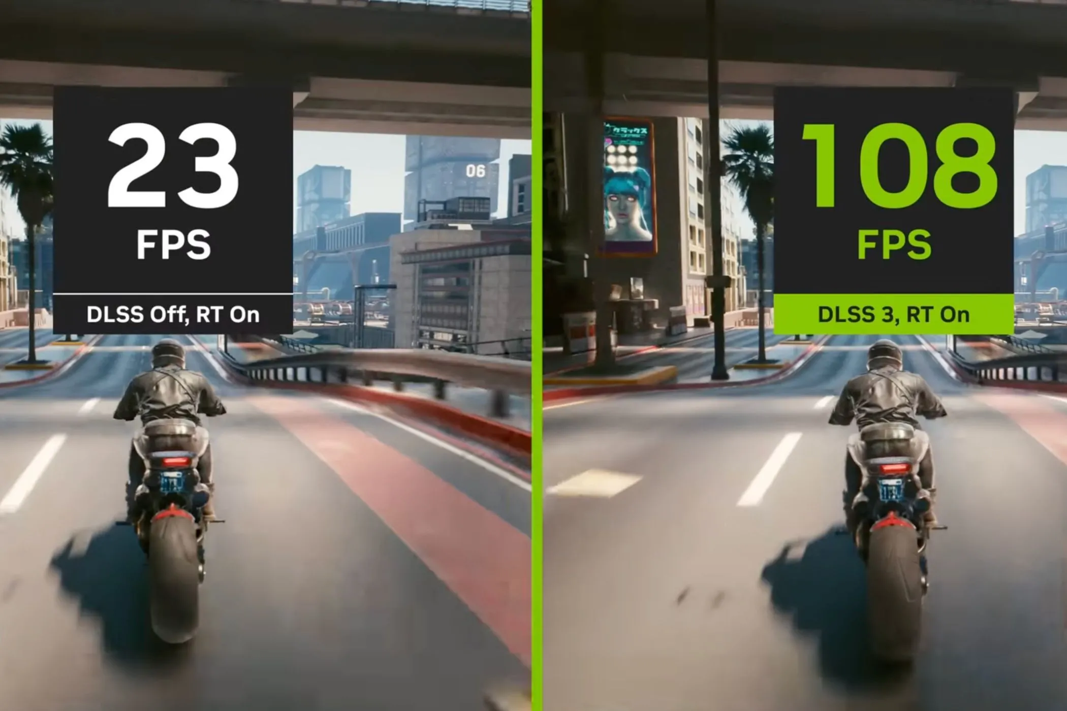 So sánh hình ảnh game Cyberpunk 2077 khi bật và tắt DLSS, minh họa sự khác biệt về chất lượng
