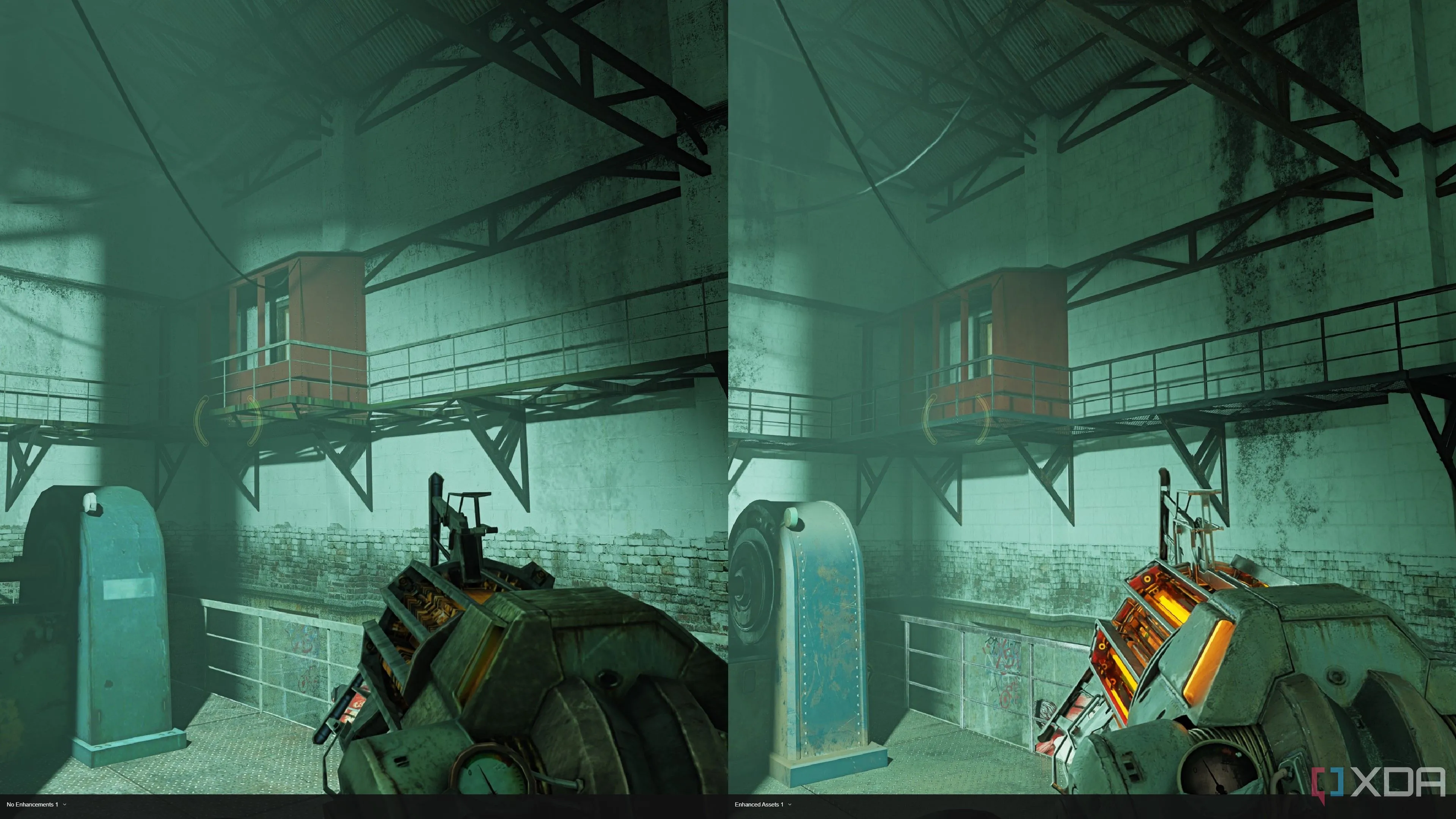 So sánh khẩu súng trọng lực (Gravity Gun) và sàn grating trong Half-Life 2 RTX, minh họa sự khác biệt rõ rệt về độ chi tiết và tương tác ánh sáng