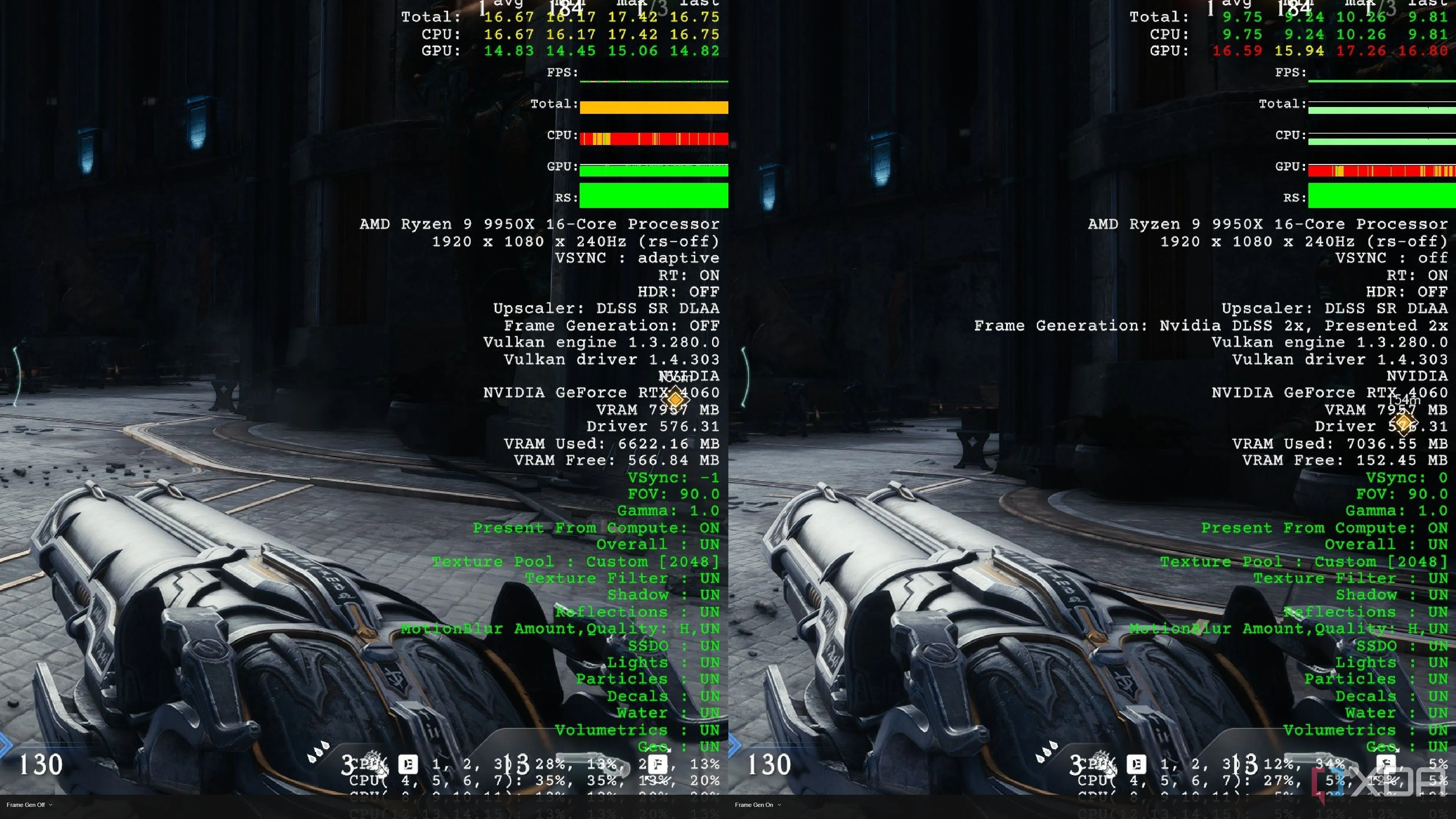 So sánh mức tiêu thụ VRAM và hiệu suất khi bật/tắt DLSS Frame Generation trên RTX 4060 trong Doom The Dark Ages, cho thấy tác động lên GPU 8GB.