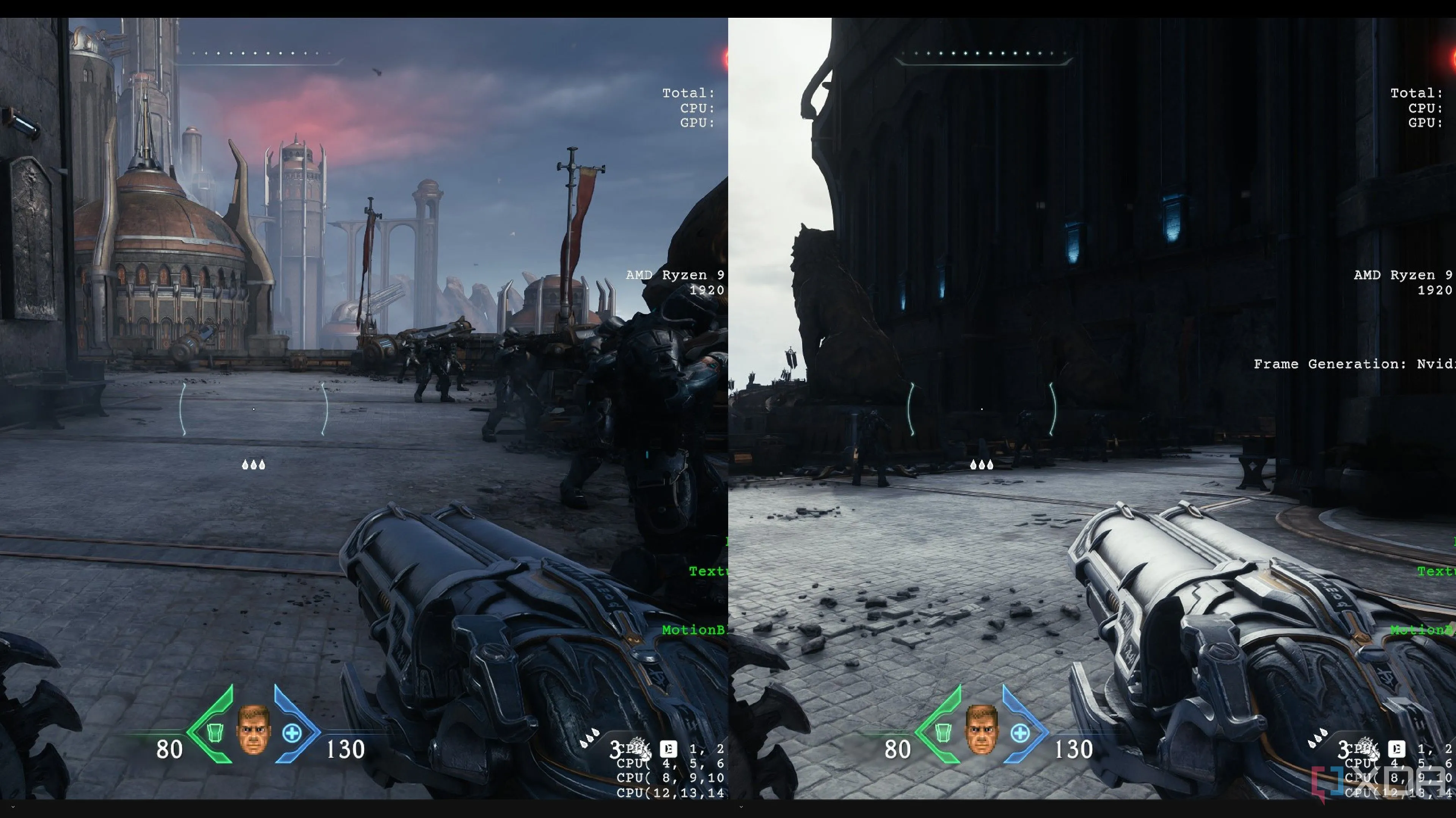 So sánh sự khác biệt đồ họa khi bật và tắt Ray Tracing trong game Doom