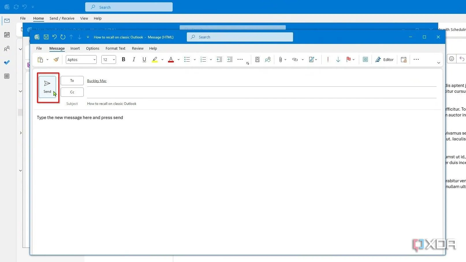 Soạn tin nhắn mới và nhấn gửi để thay thế email đã thu hồi trong Outlook