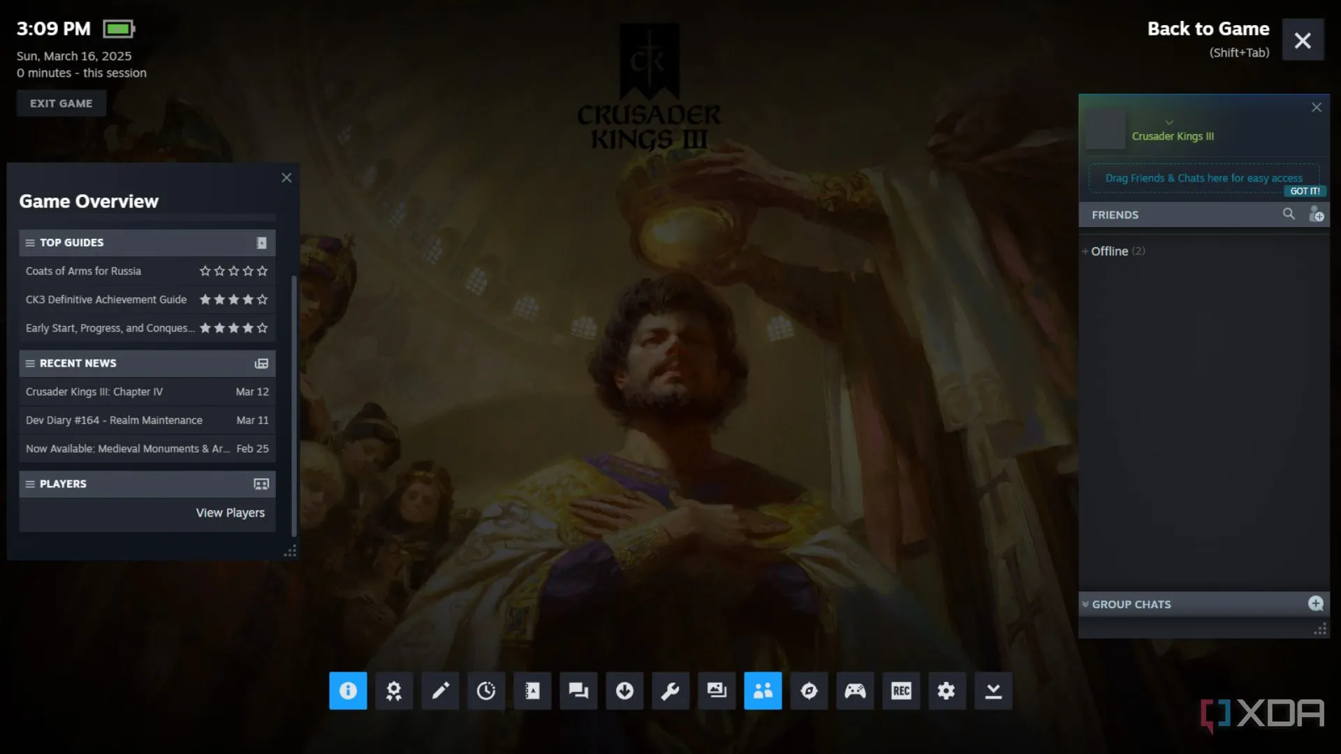 Steam Overlay xuất hiện trên màn hình tải game Crusader Kings 3, thể hiện các tính năng tiện ích khi chơi game