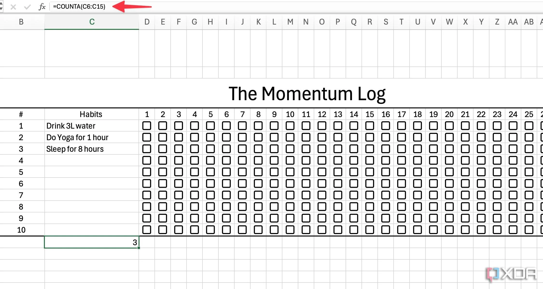 Sử dụng công thức COUNTA để đếm số lượng thói quen đã nhập trong Excel