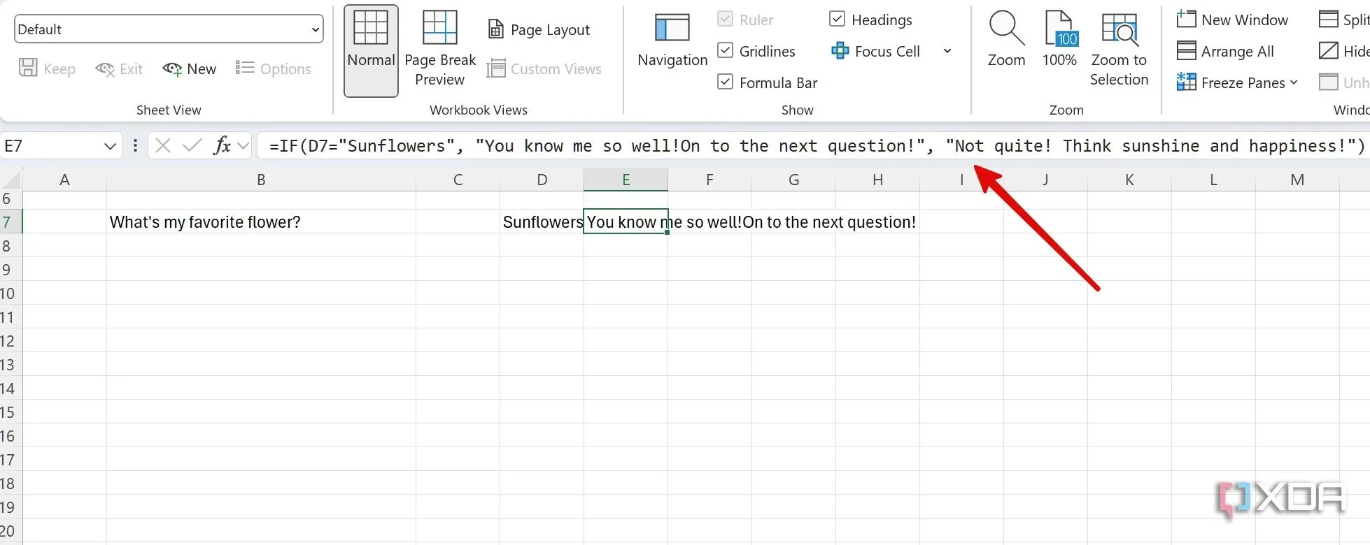 Sử dụng hàm IF để tạo quiz lãng mạn trong Excel