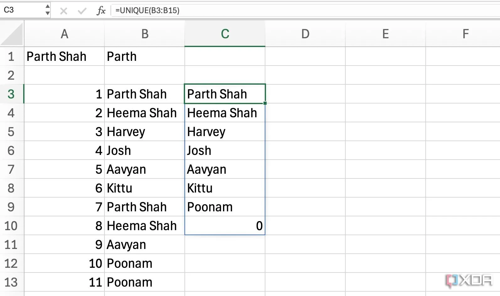 Sử dụng hàm UNIQUE trong Excel để trích xuất các giá trị không trùng lặp từ danh sách